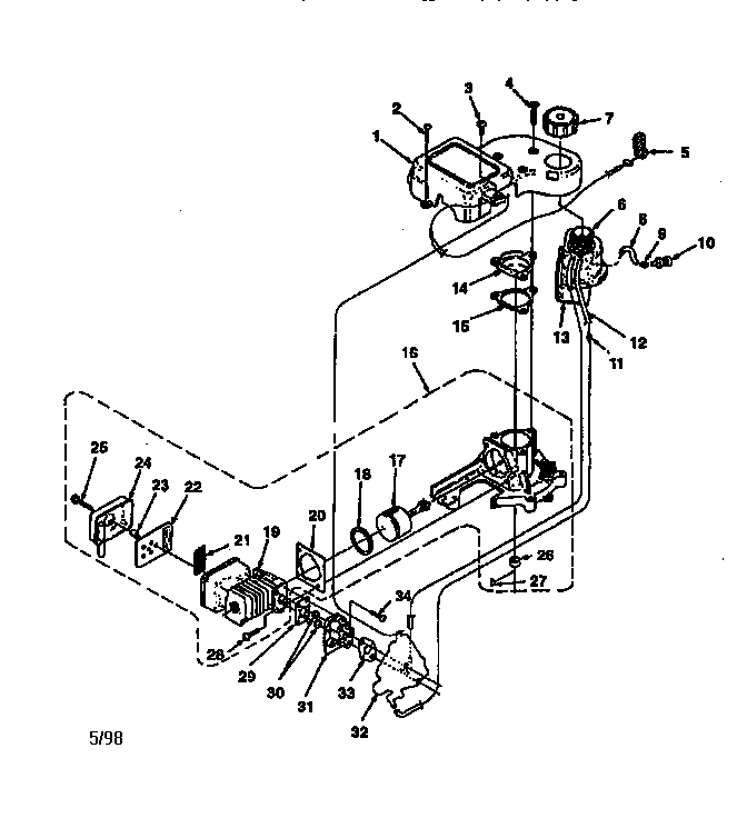 Fuel tank, muffler, carburetor