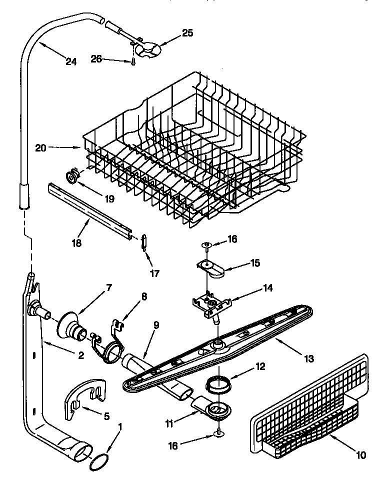 Upper dishrack and water feed