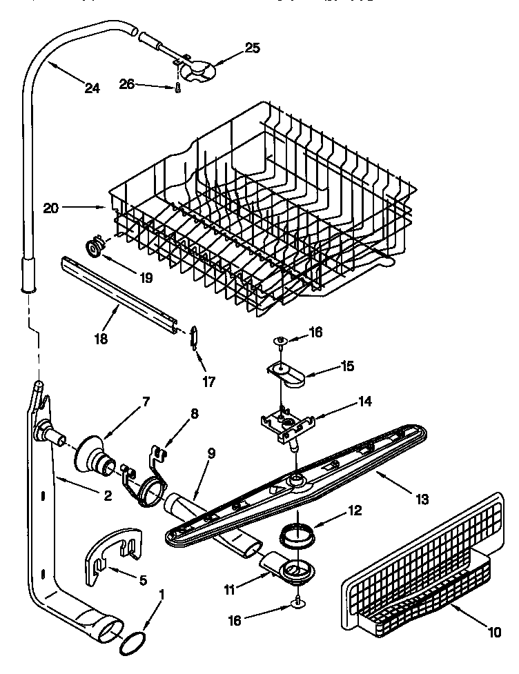Upper dishrack and water feed
