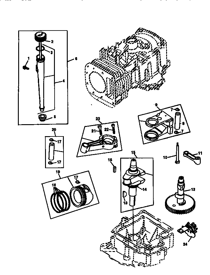 Crankshaft, piston and dipstick