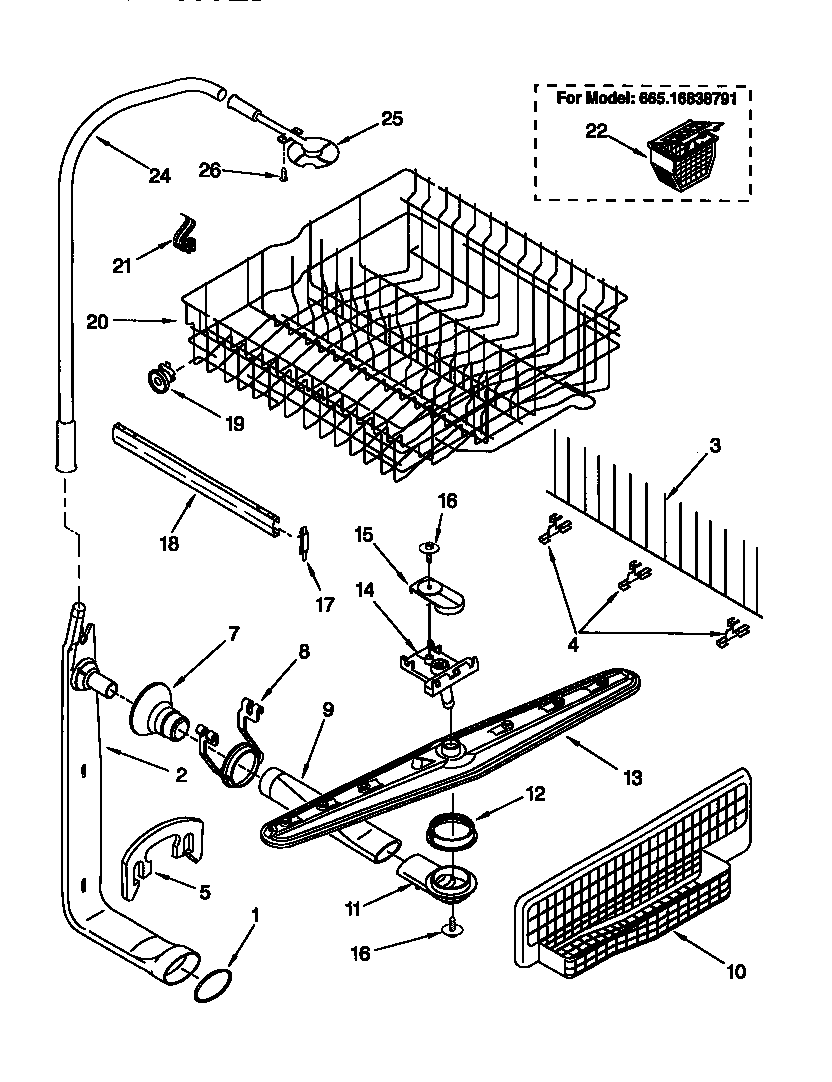 Upper dishrack and water feed