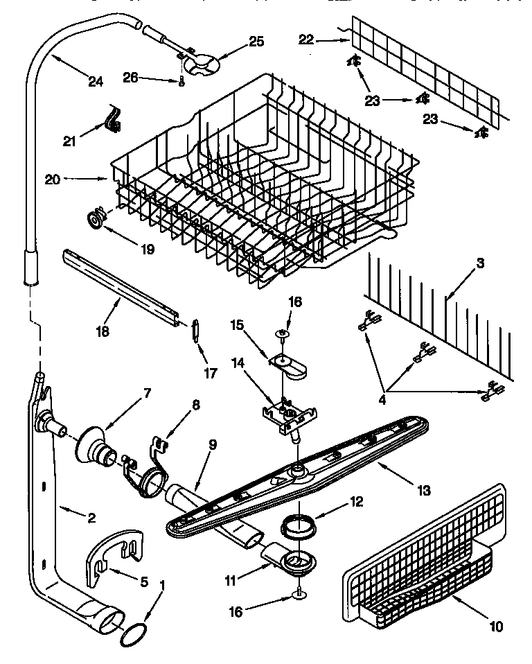 Upper dishrack and water feed