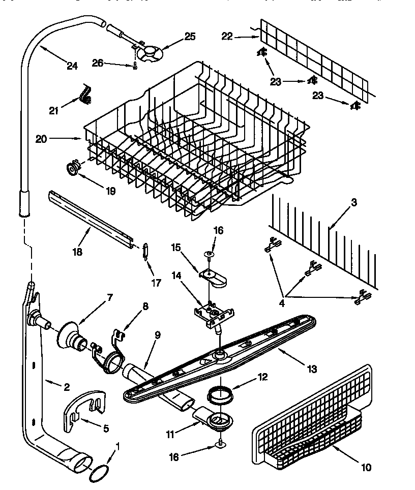 Upper dishrack and water feed