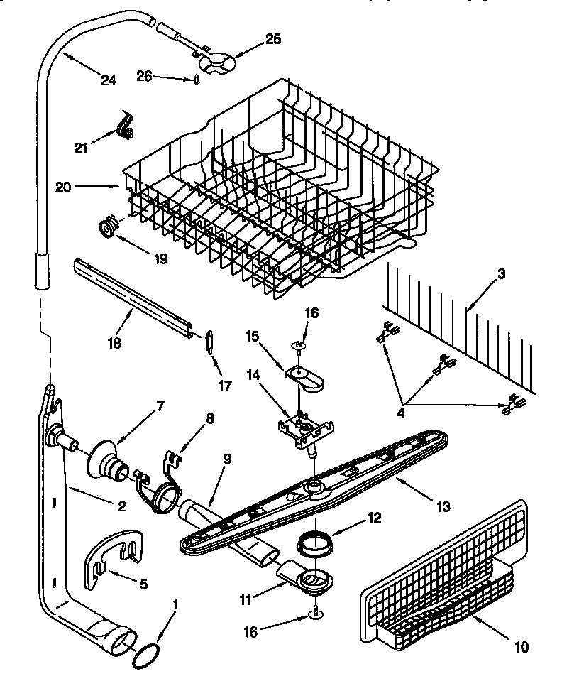 Upper dishrack and water feed