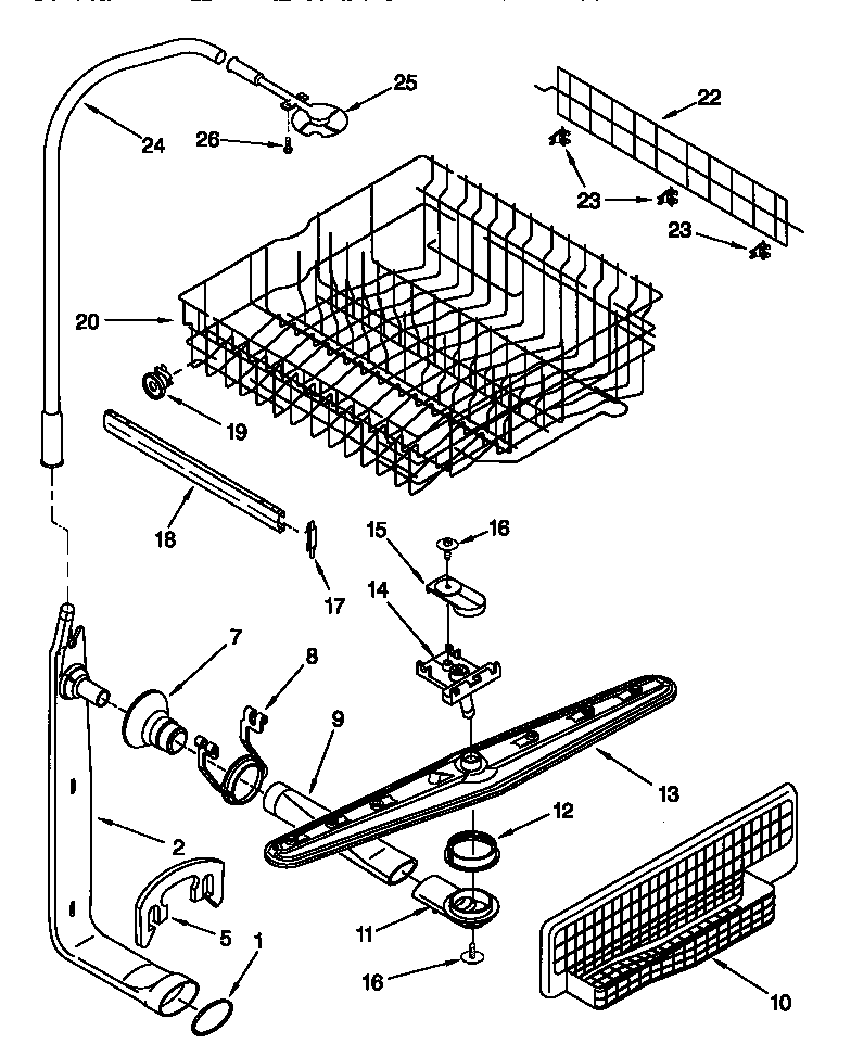 Upper dishrack and water feed