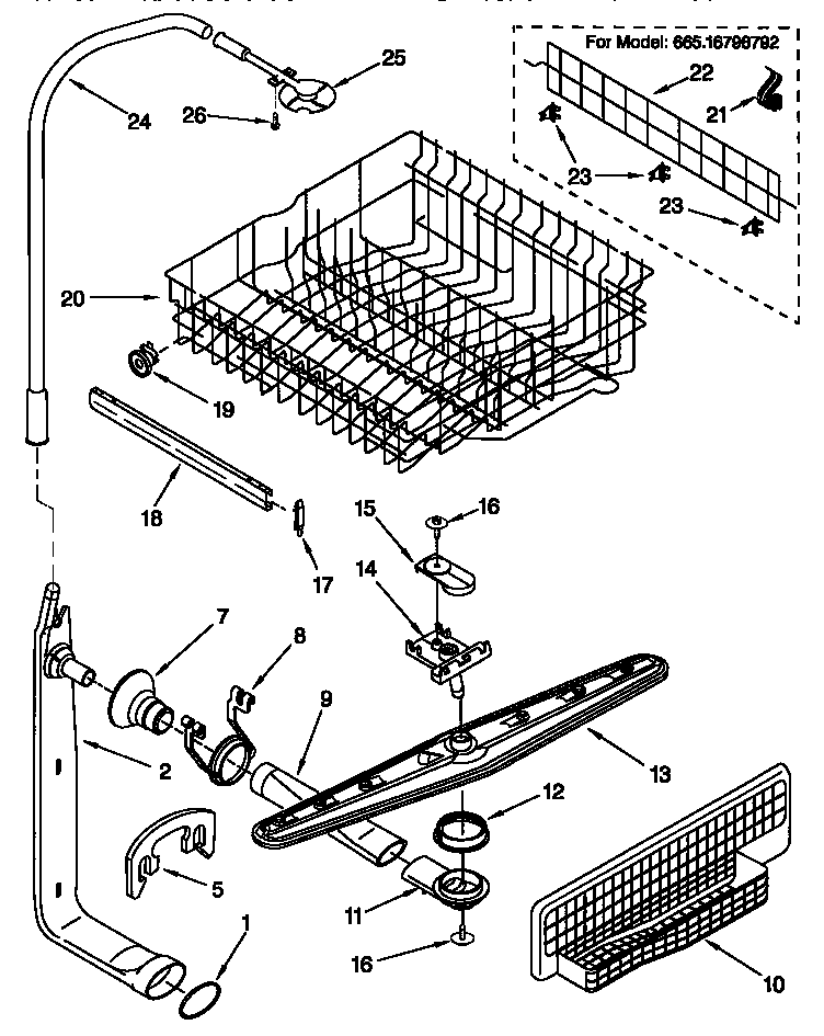 Upper dishrack and water feed