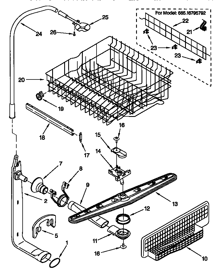 Upper dishrack and water feed