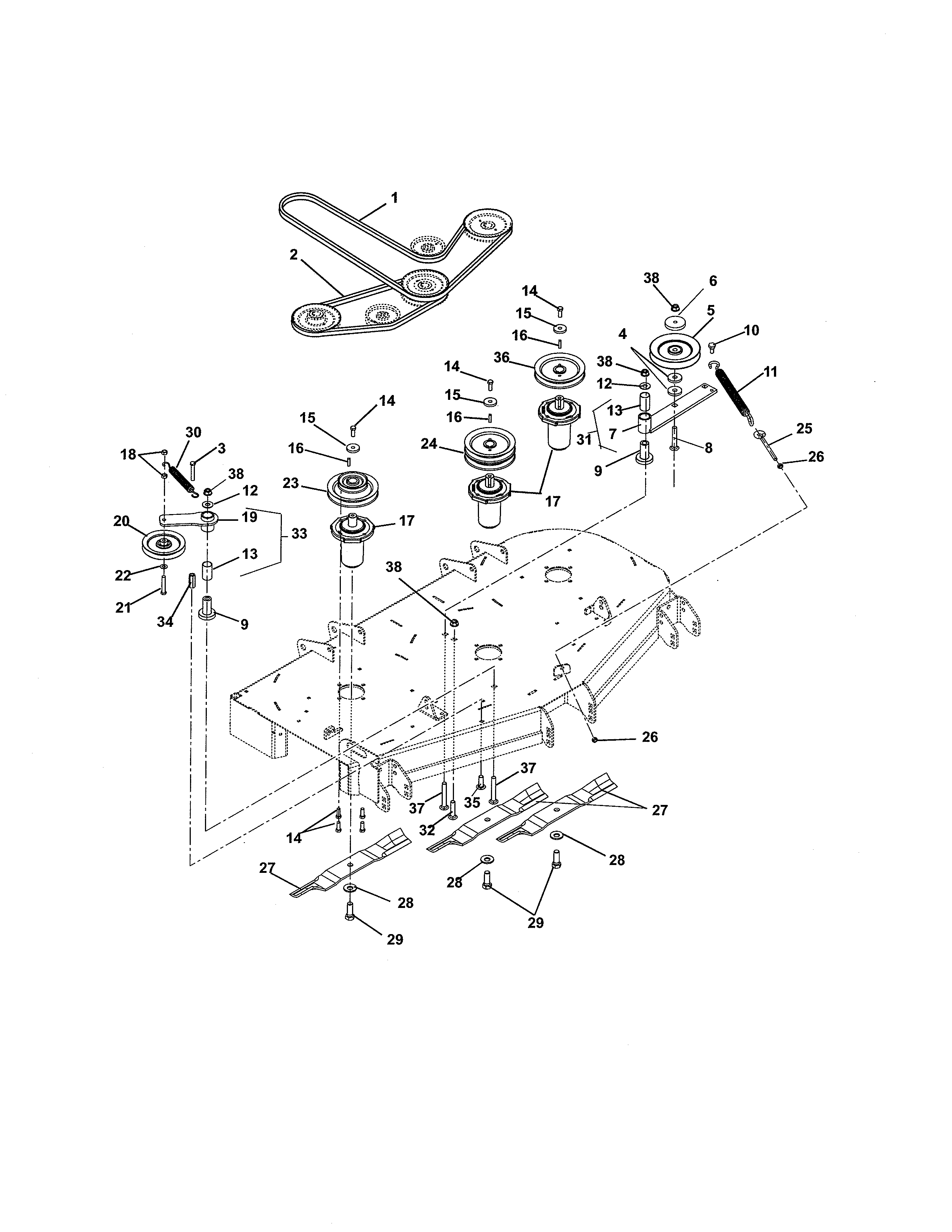 Belts/spindles/idlers/mower blades