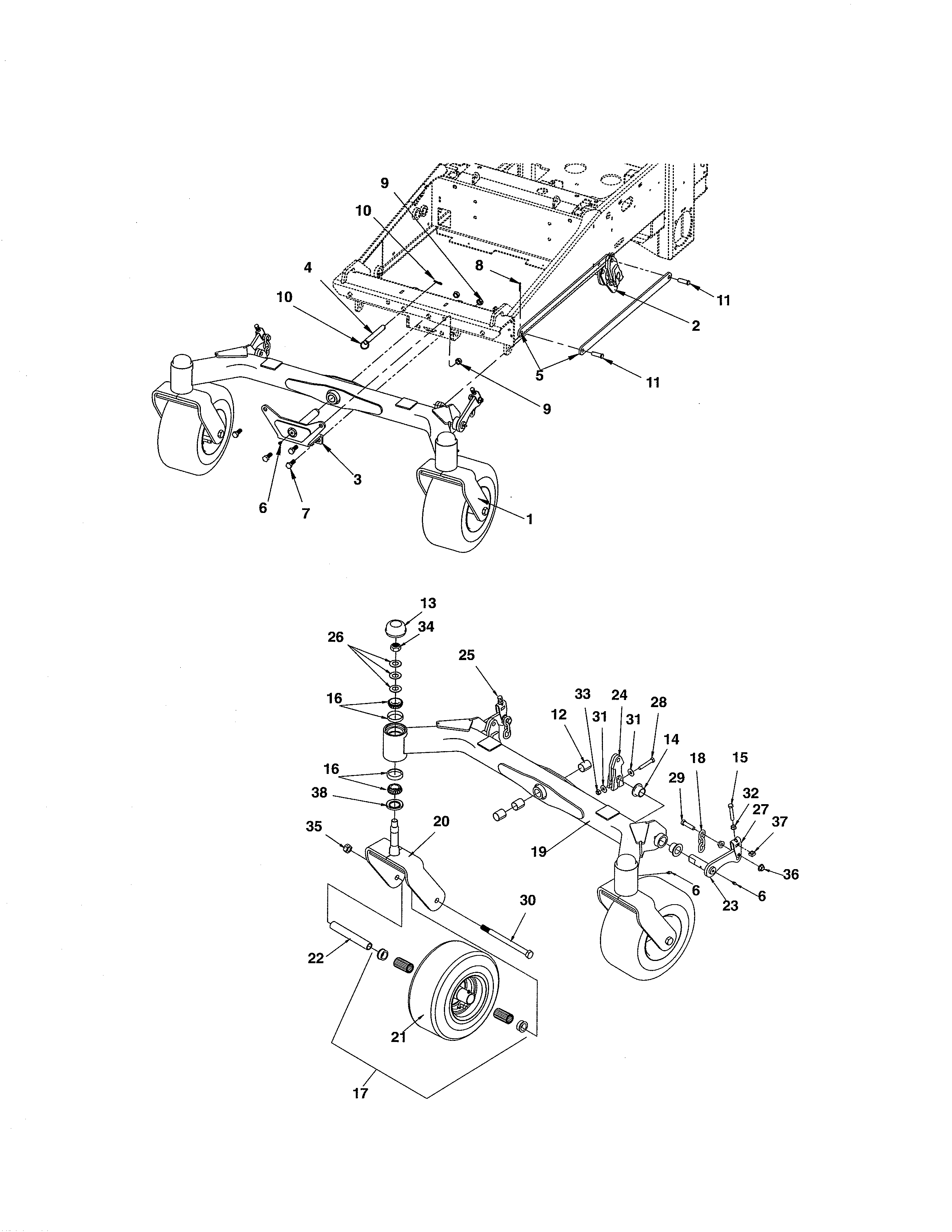Front axle/casters/wheels