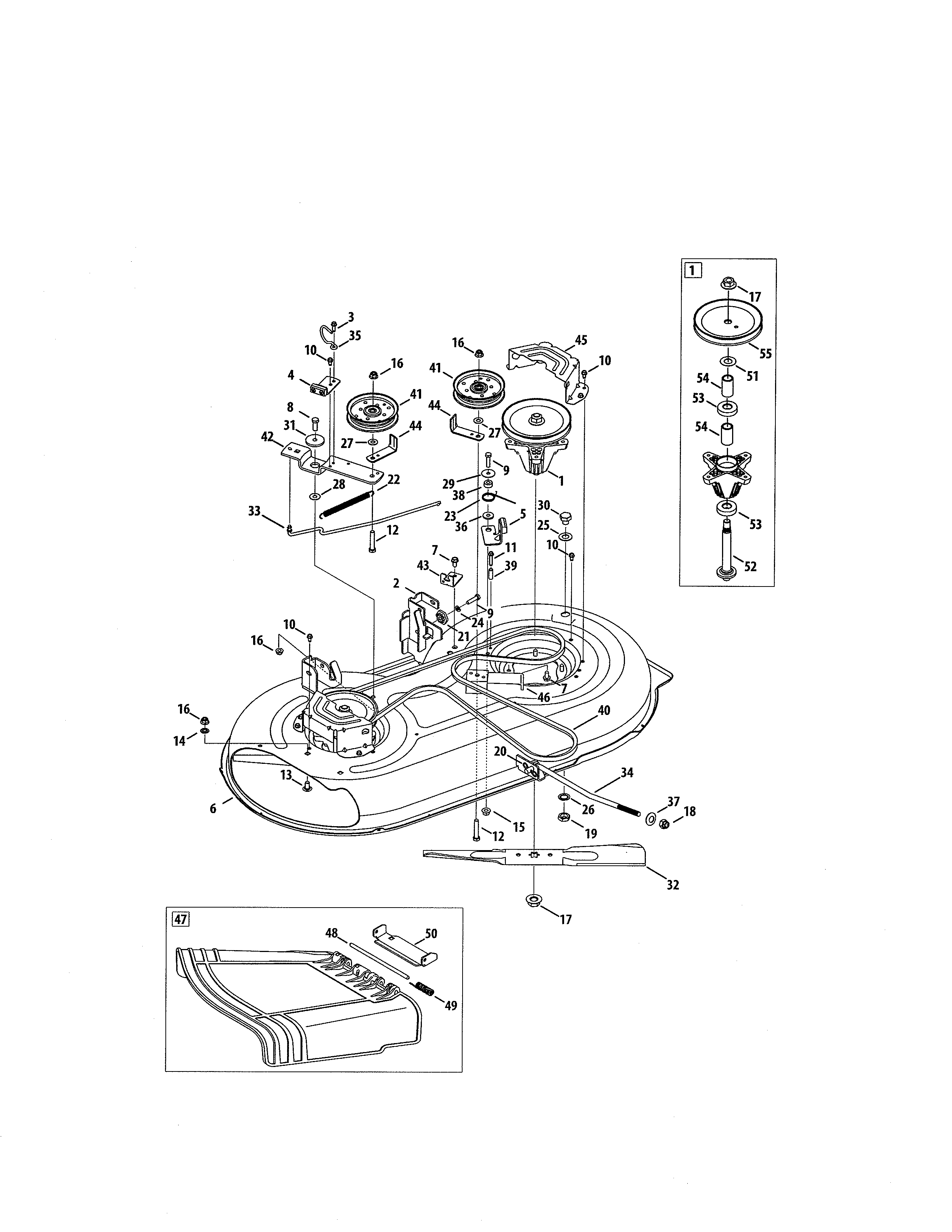 Deck/spindle pulley/chute deflector