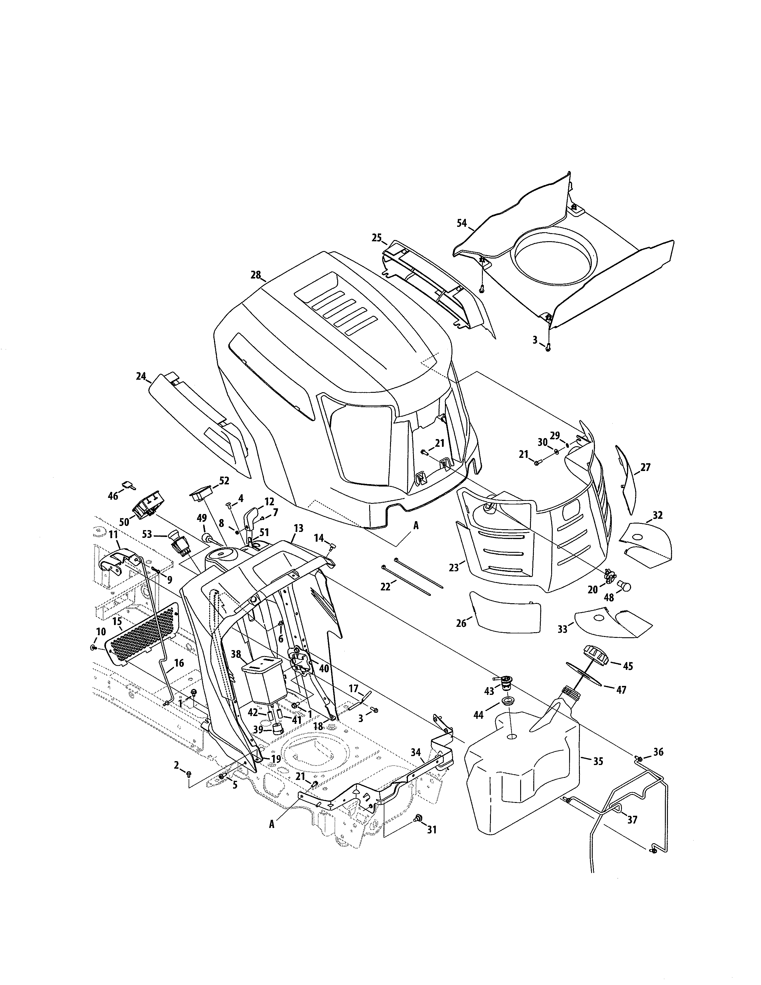 Fuel tank/hood/dash