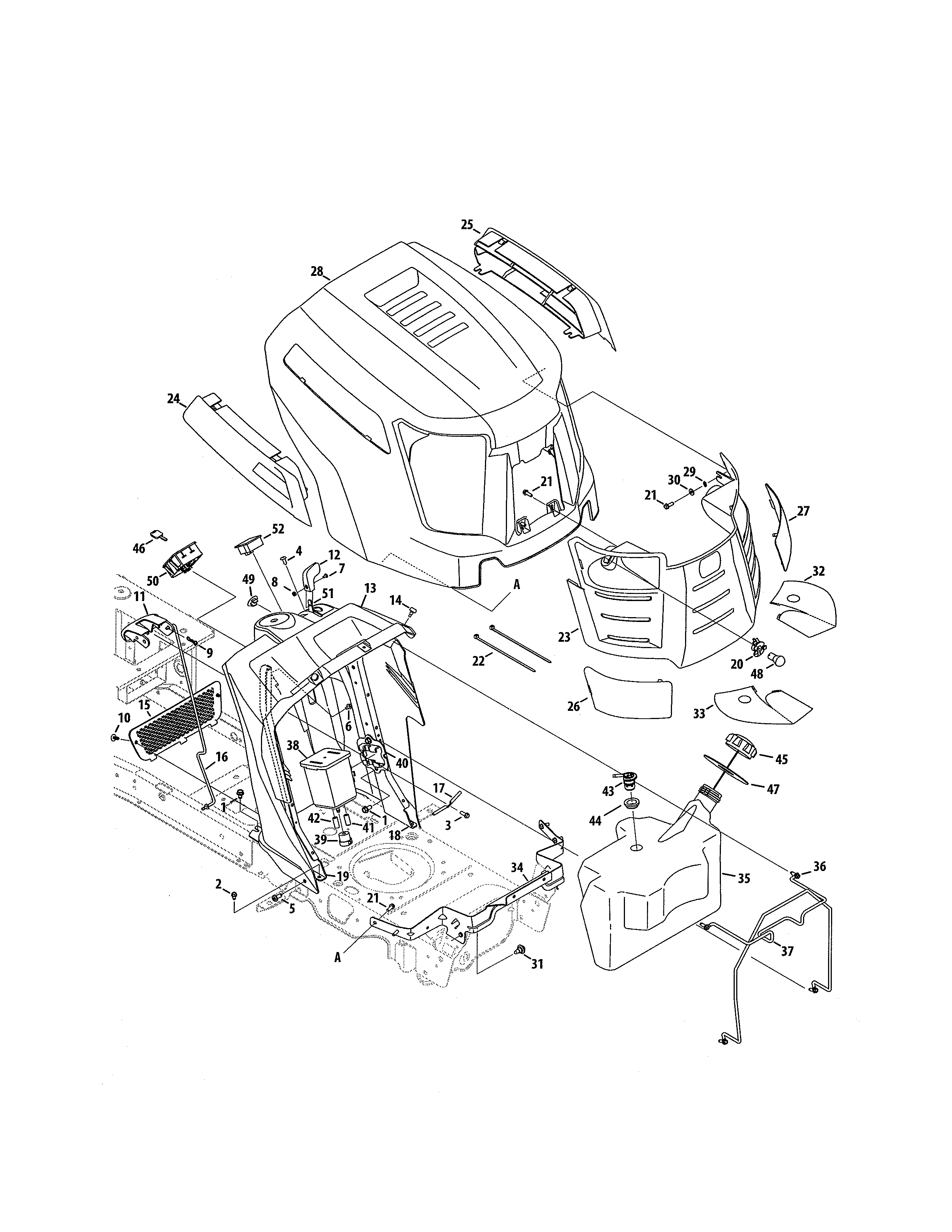 Fuel tank/hood/dash