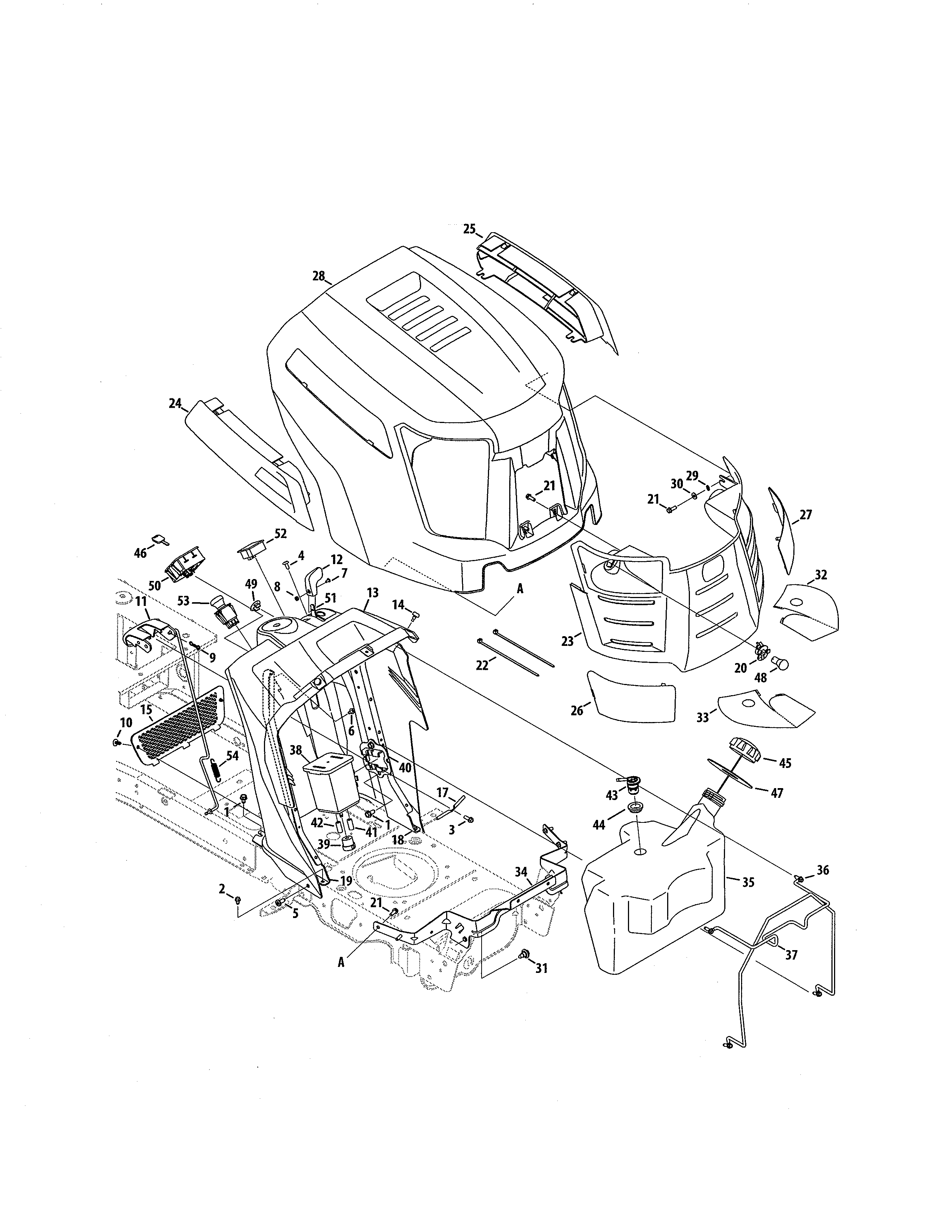 Fuel tank/hood/dash
