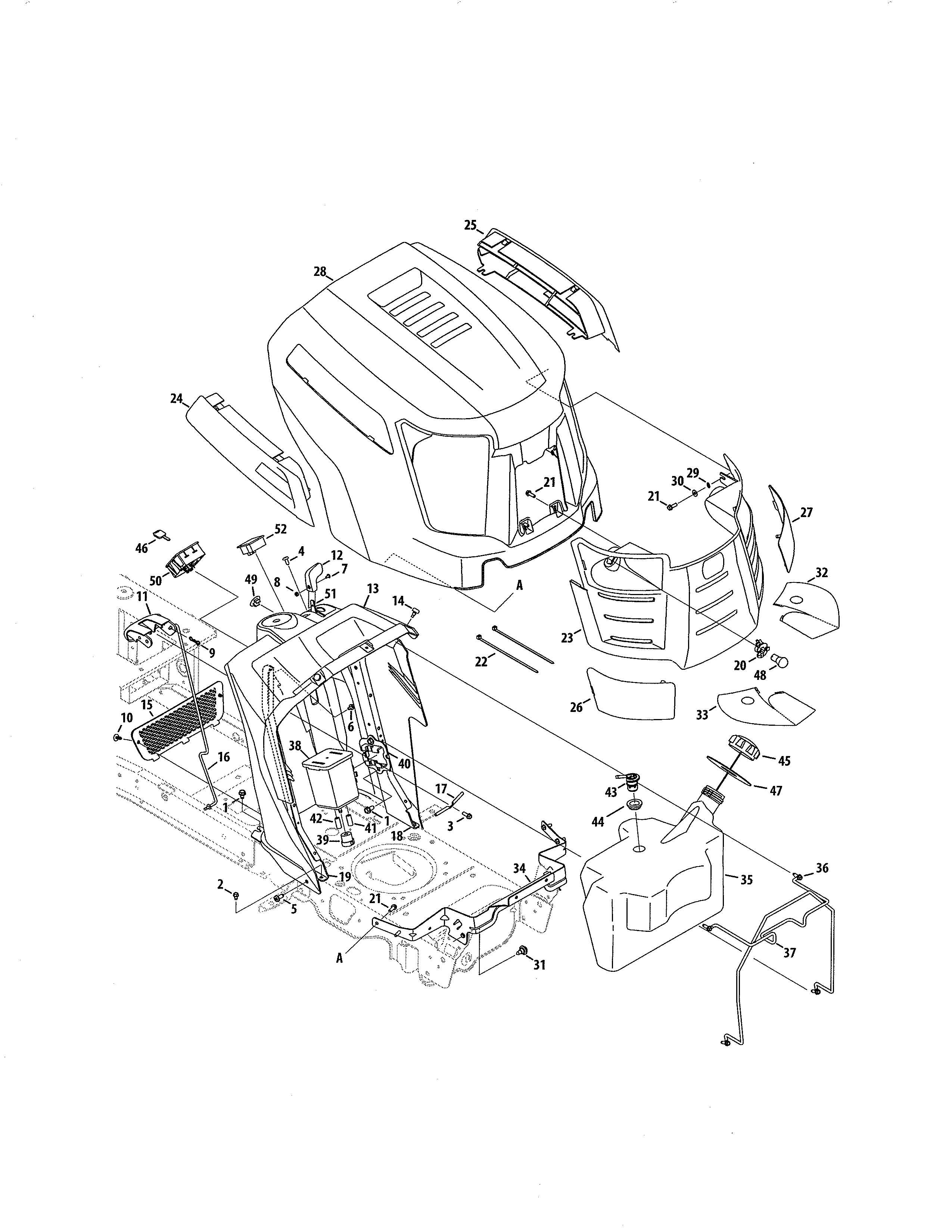 Fuel tank/hood/dash