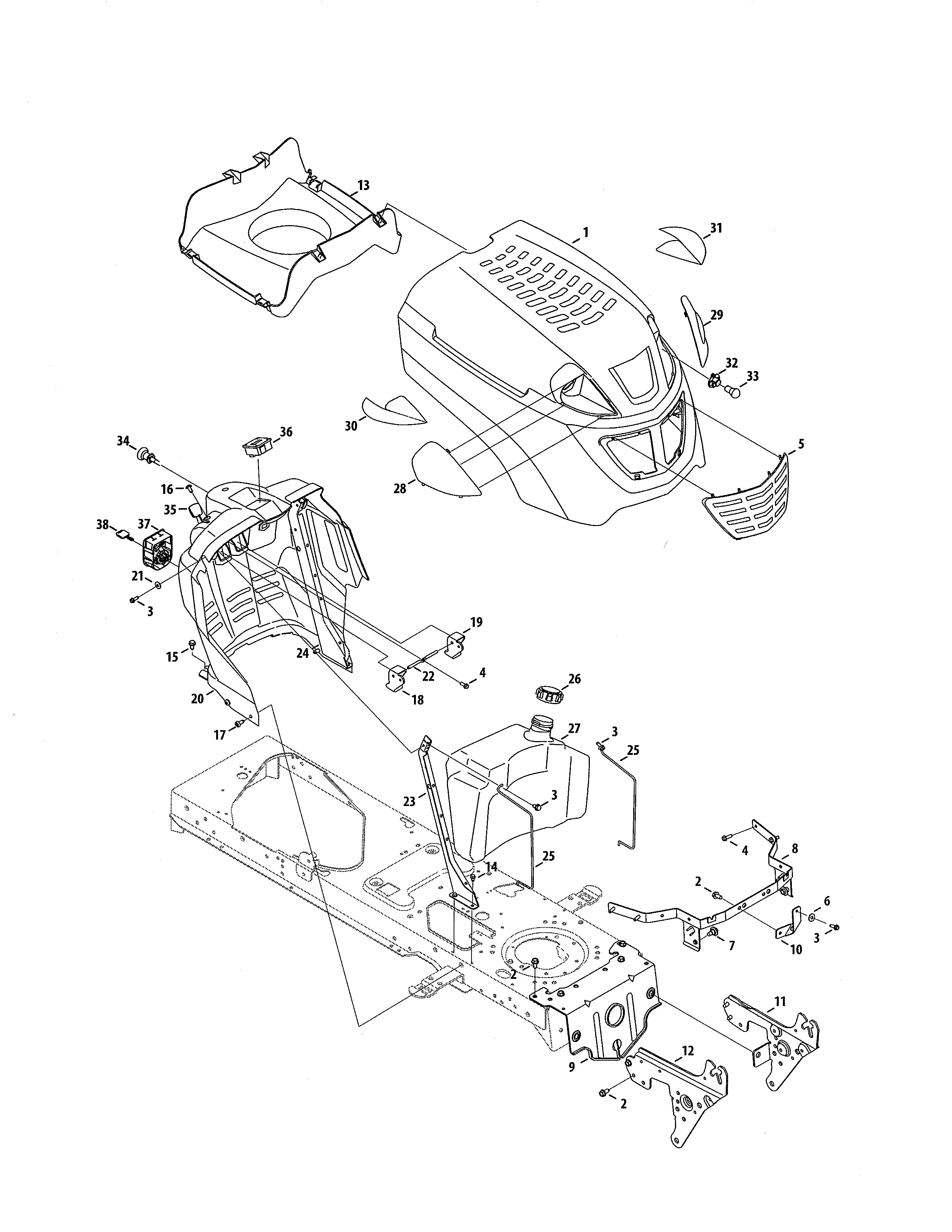 Fuel tank/hood/dash