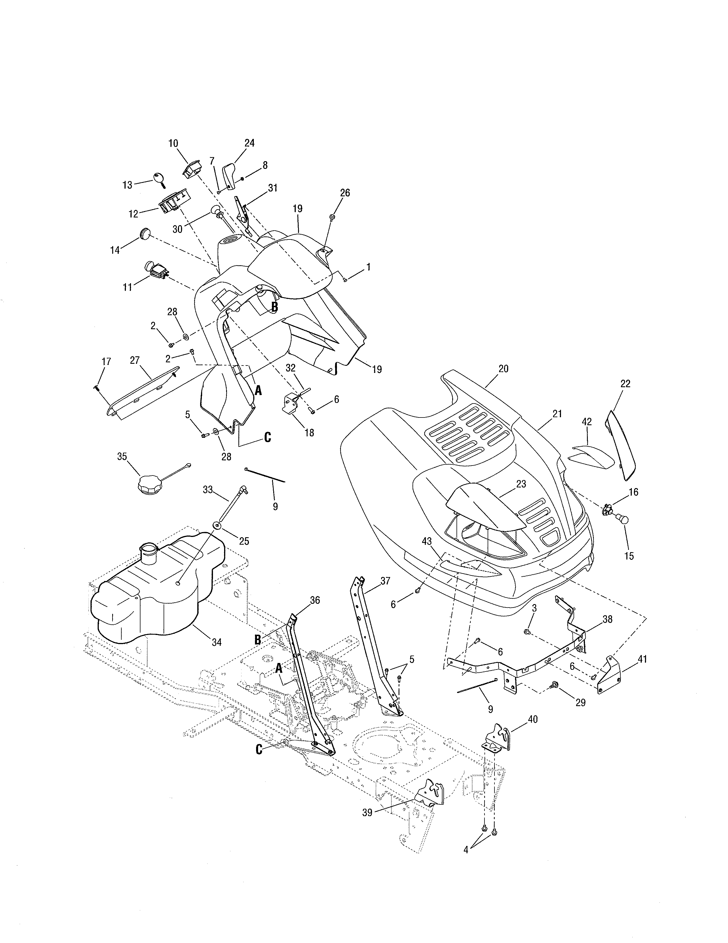 Hood/dash panel/fuel tank