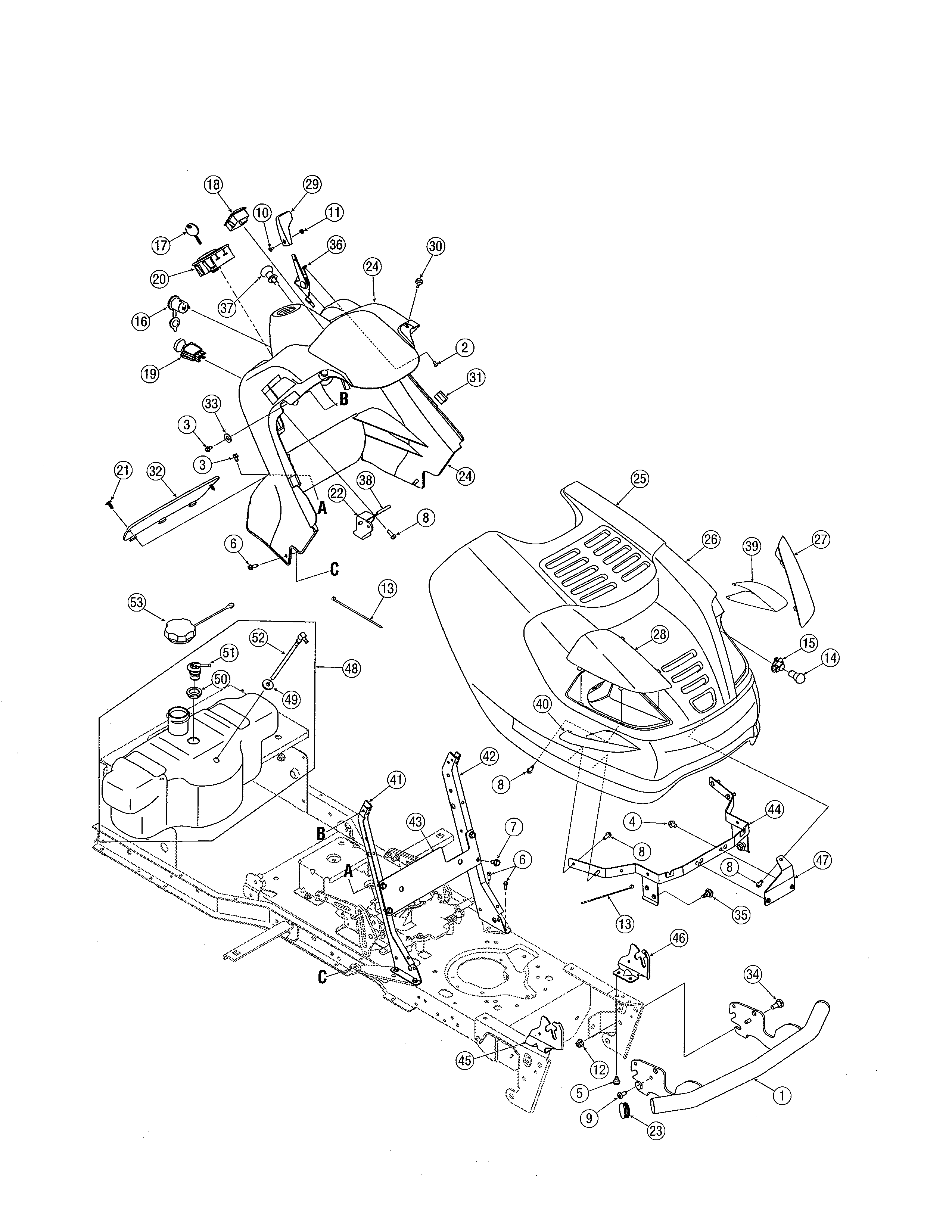 Hood/dash panel/fuel tank