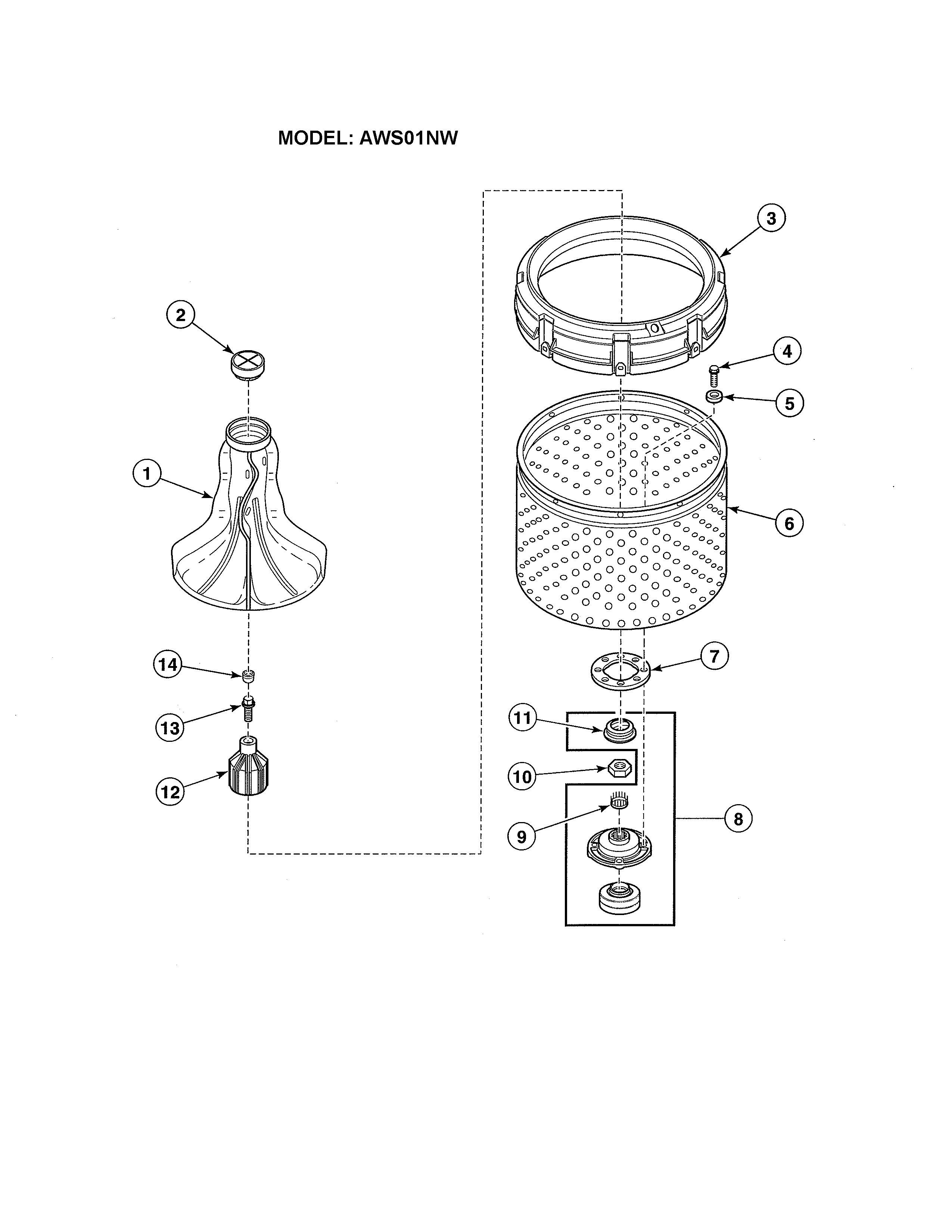 Agitator/drive bell/hub/washtub