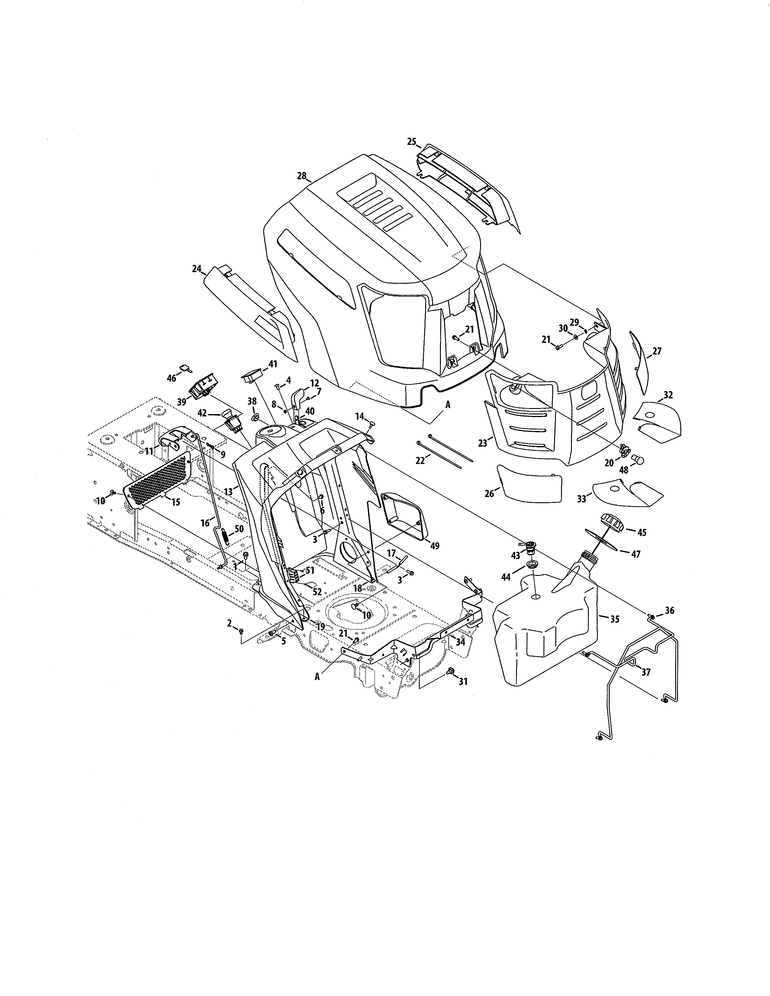 Fuel tank/hood/dash