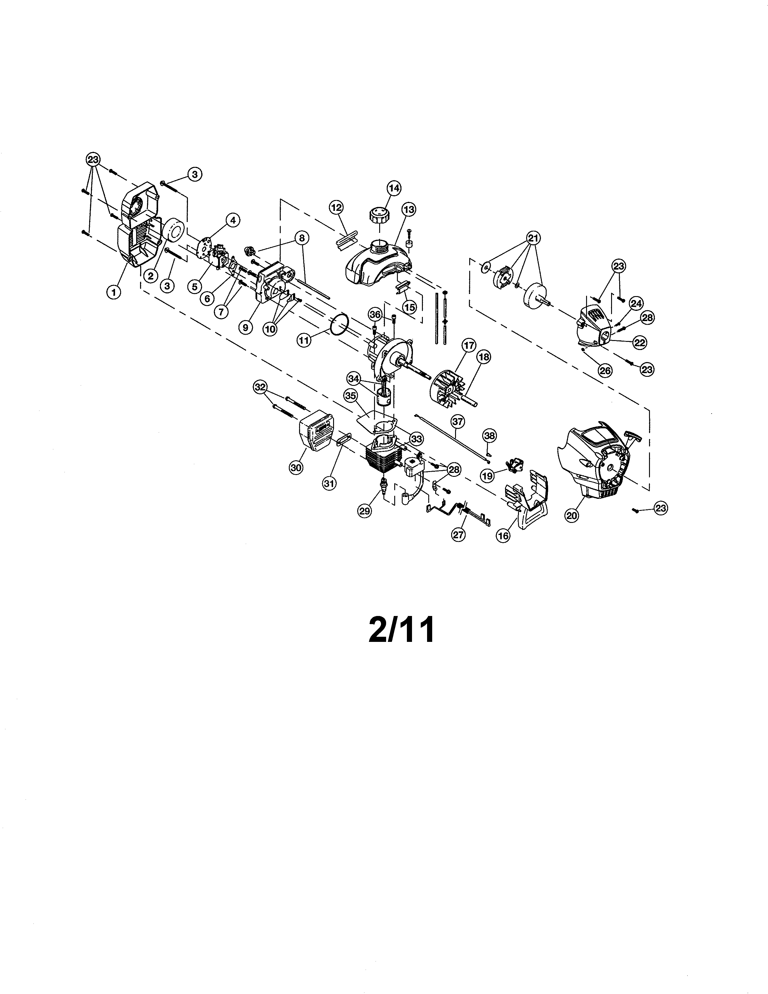 Cylinder/fuel tank/flywheel