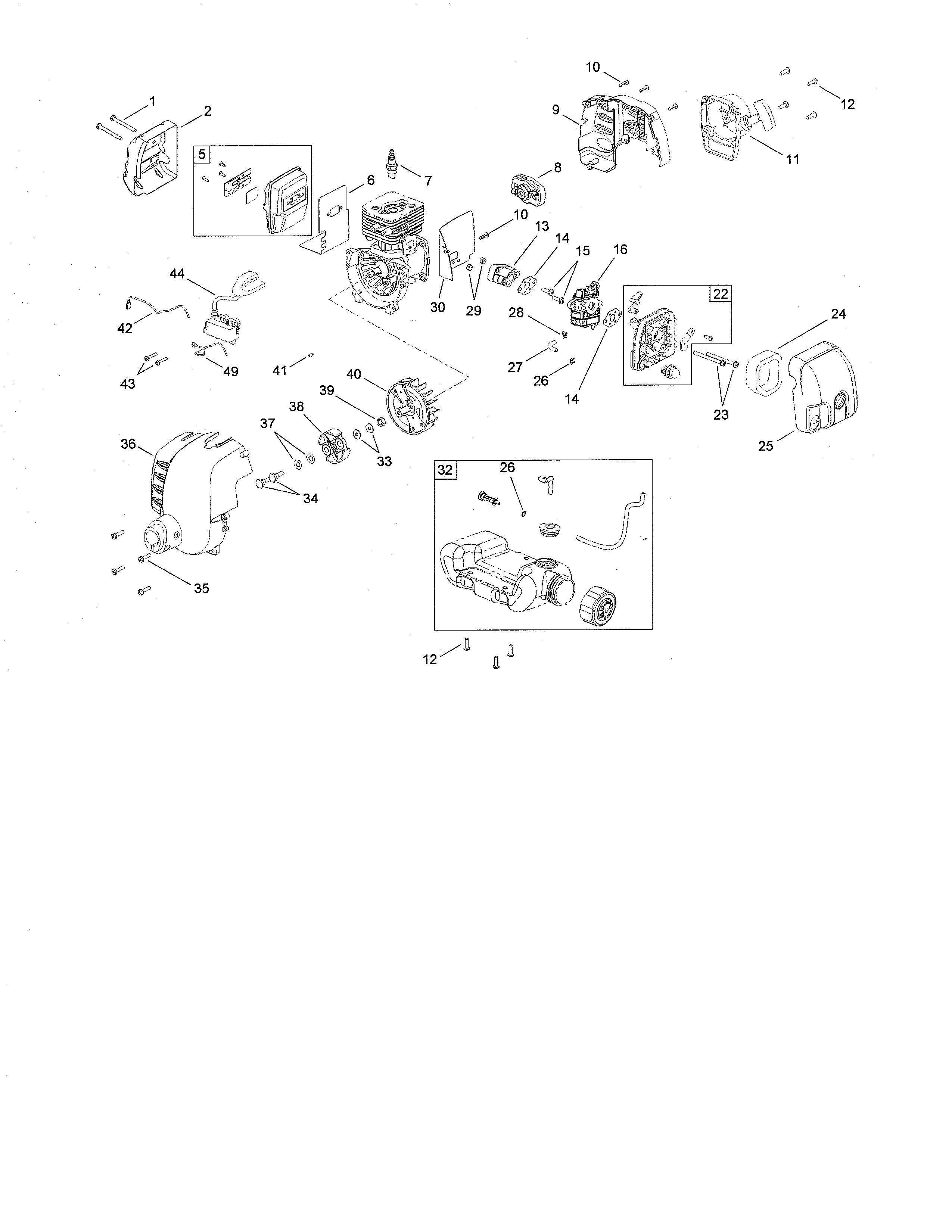 Muffler/carburetor/fuel tank/housing