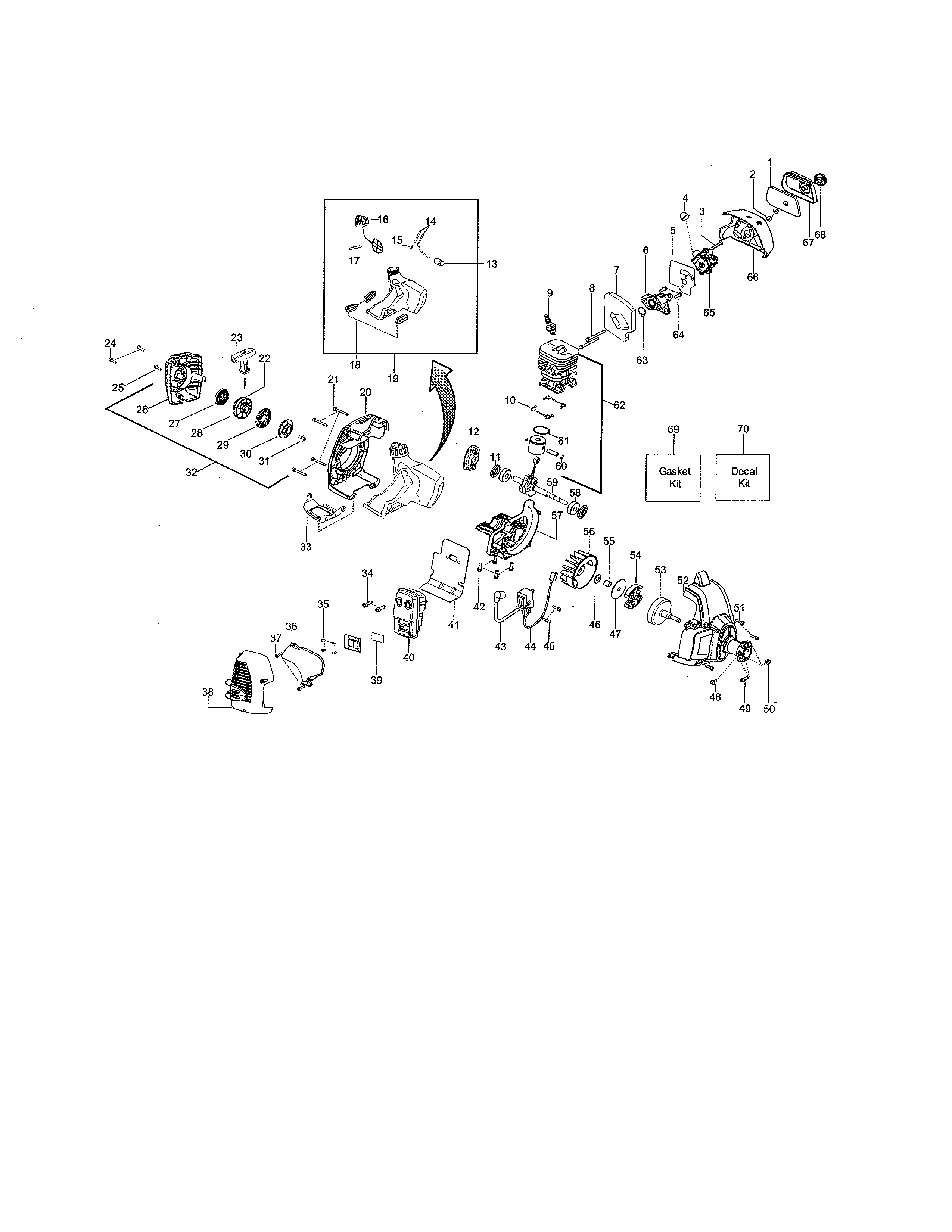 Cylinder/fuel tank/muffler