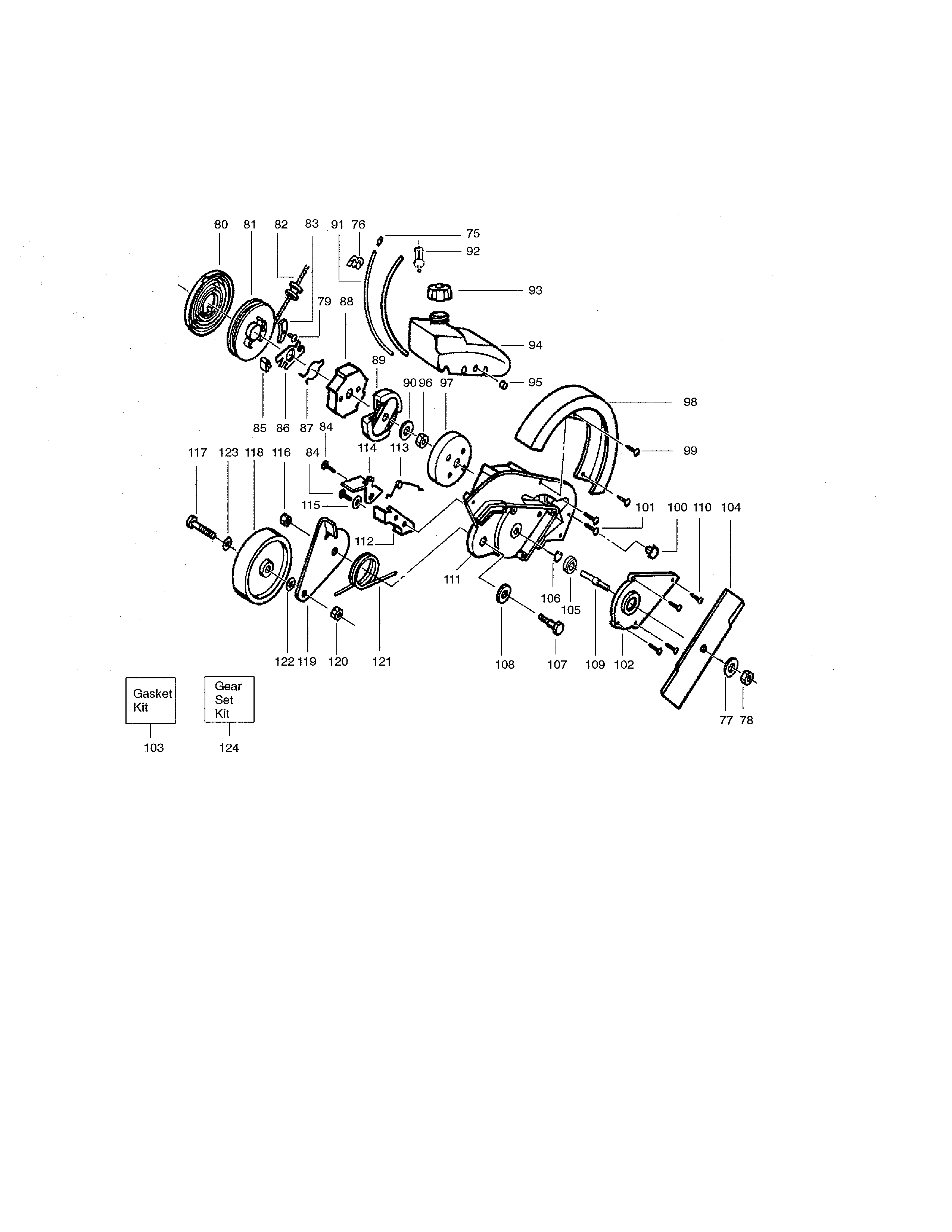 Gear box/fuel tank/front wheel