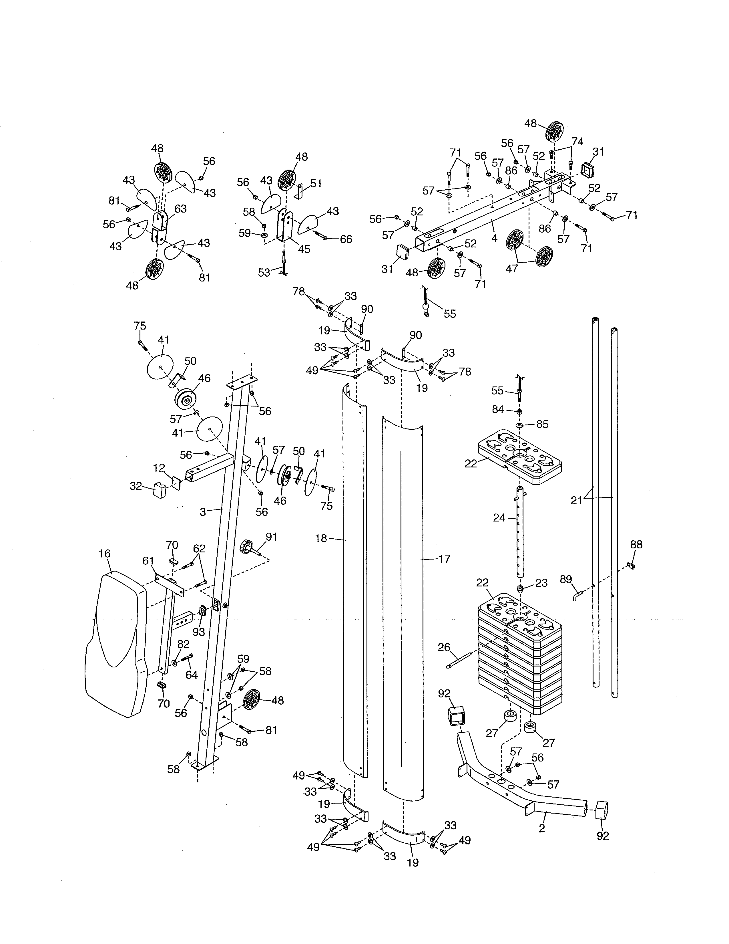 Shrouds/weights/backrest/upright