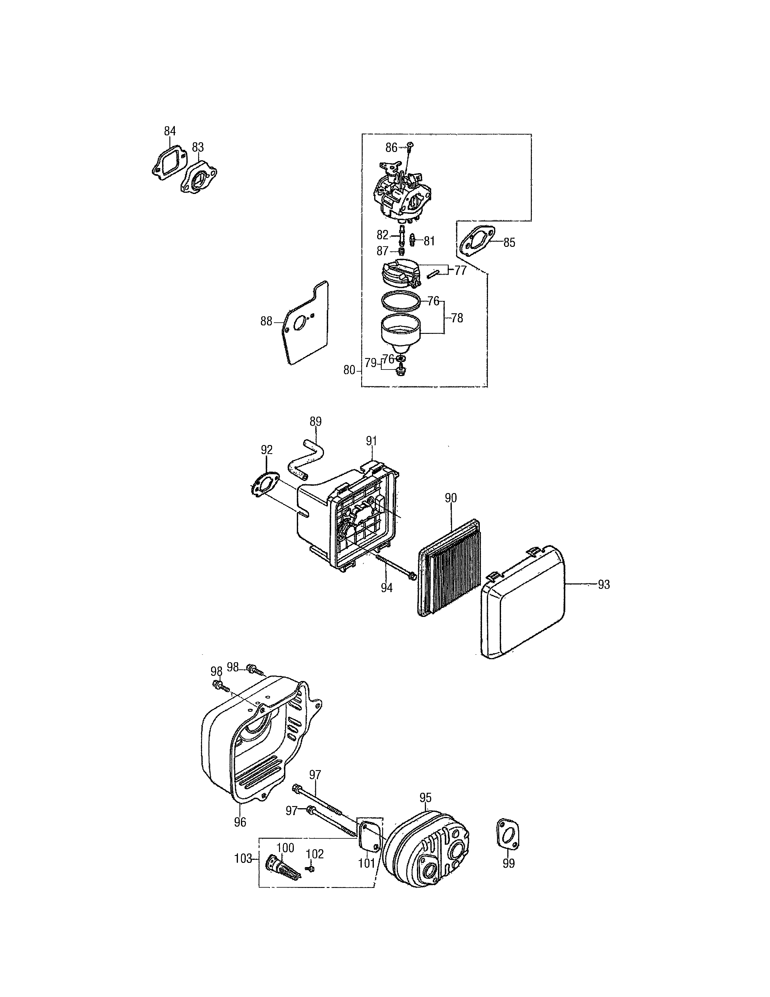Carburetor/air cleaner/muffler