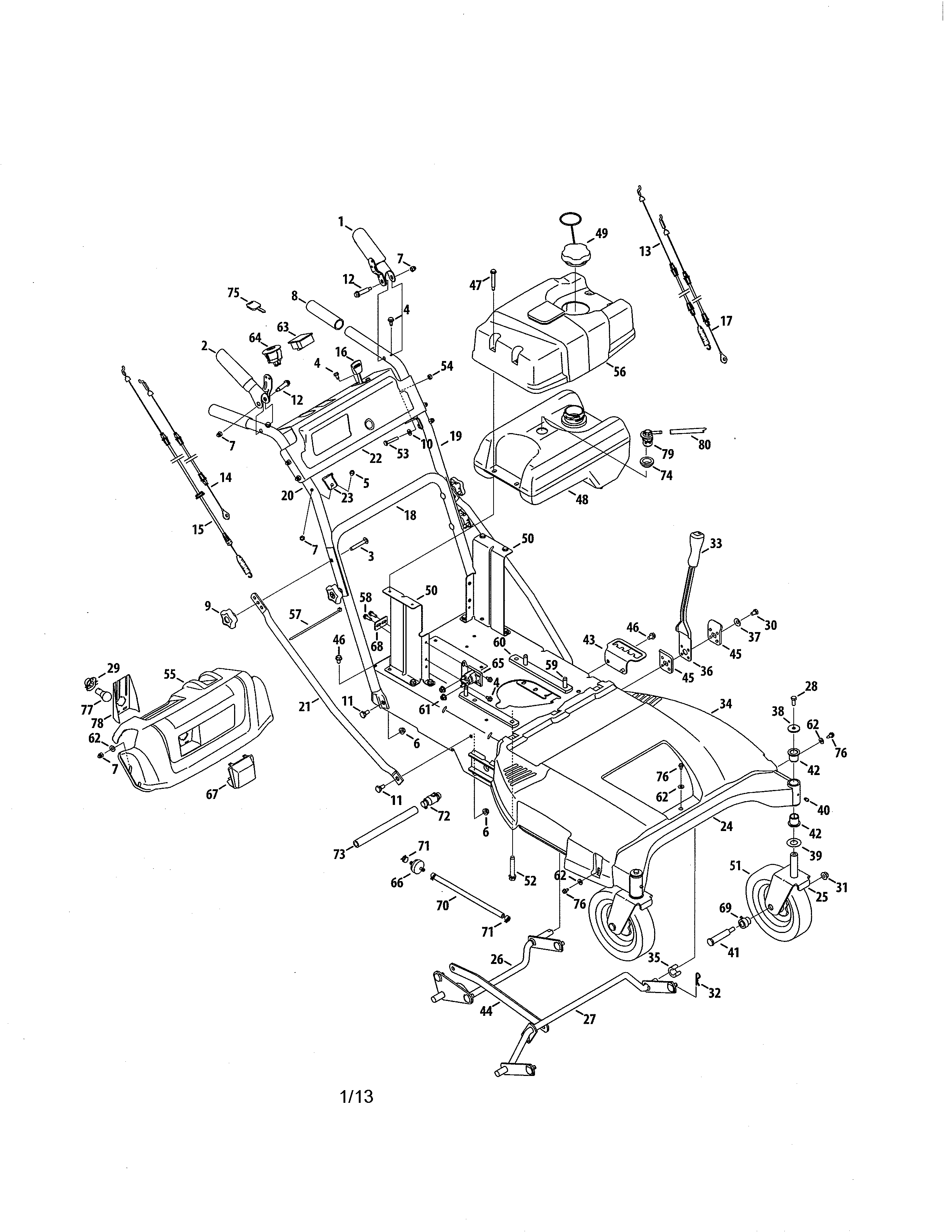 Handle/frame/fuel tank/wheels