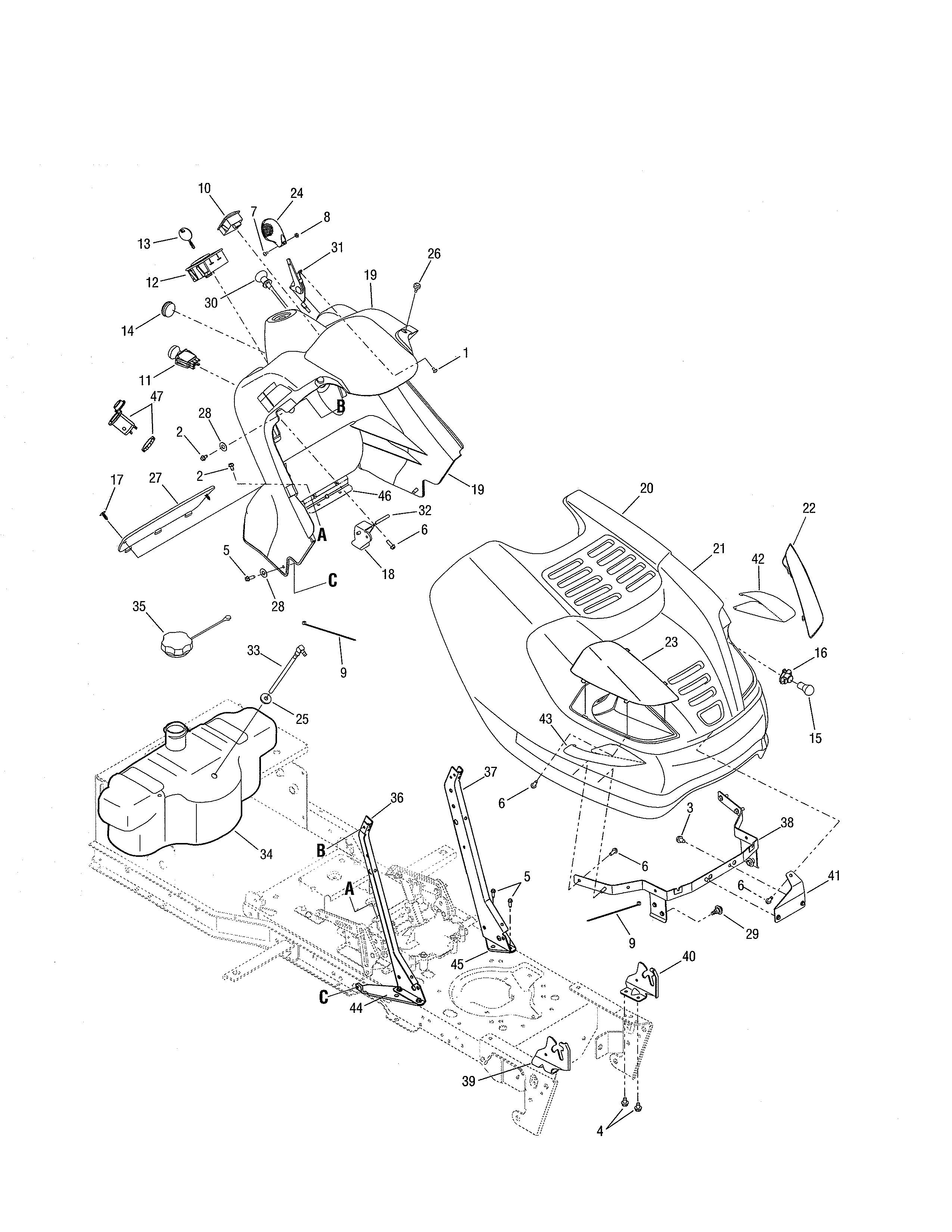 Hood/fuel tank