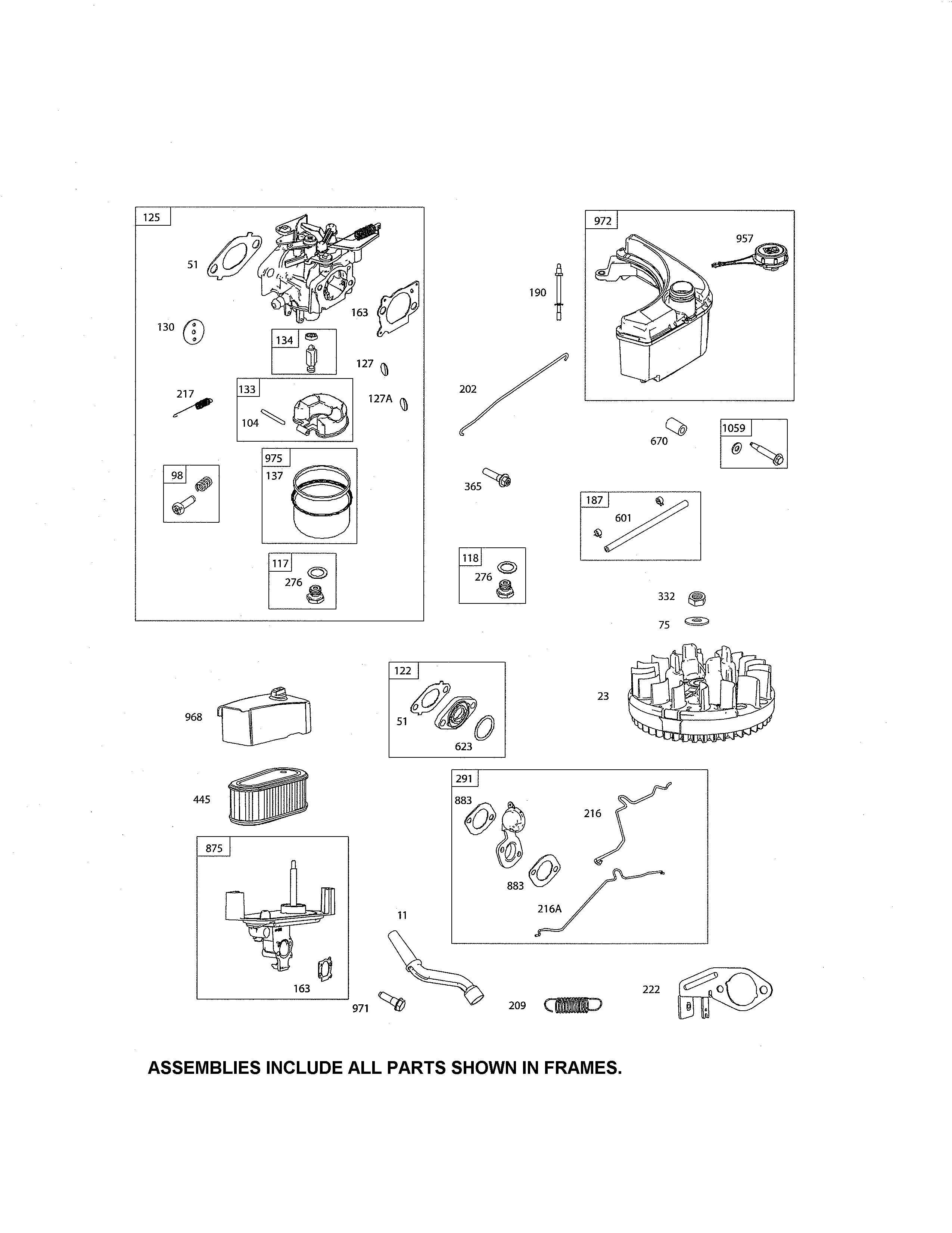 Carburetor/fuel tank/flywheel