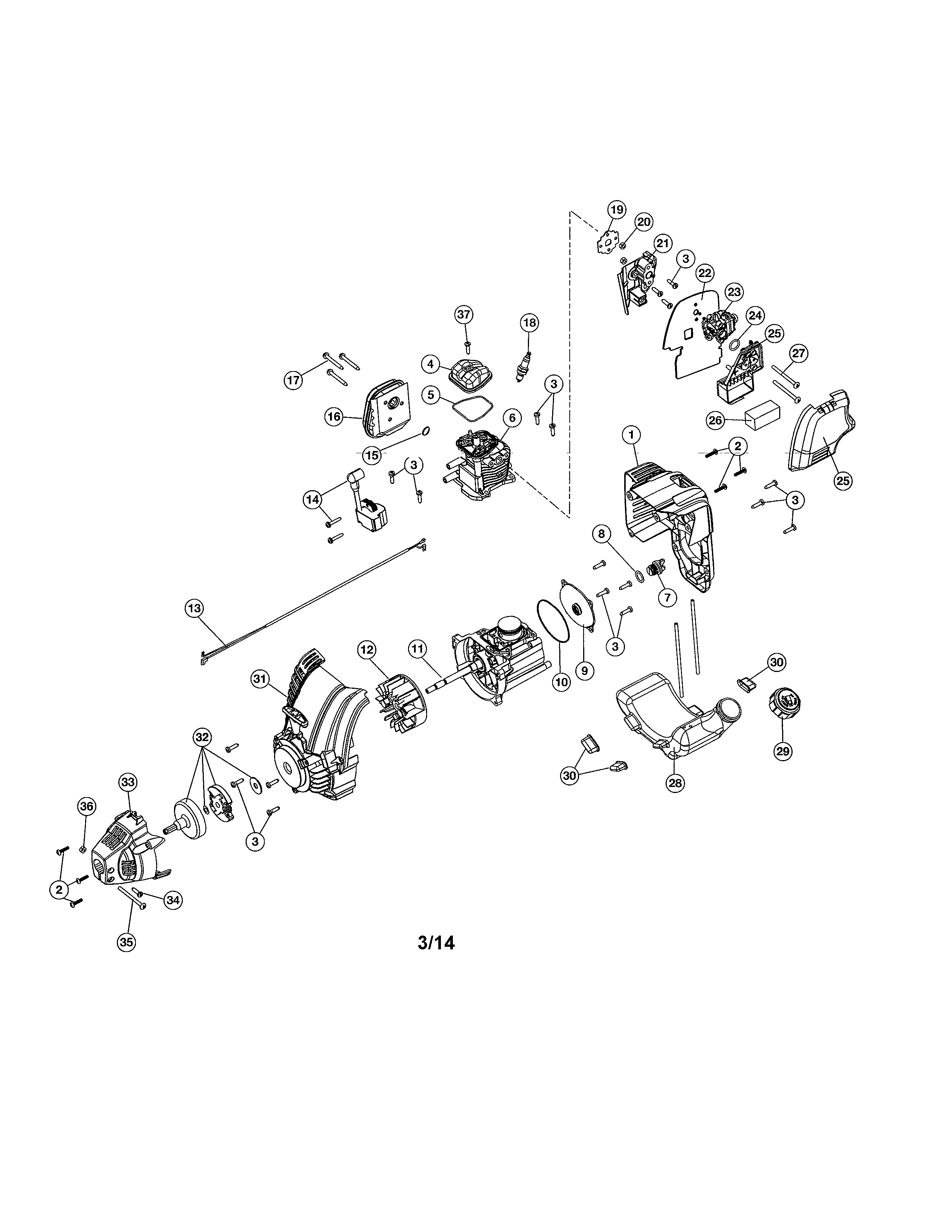 Cylinder/fuel tank/crankcase