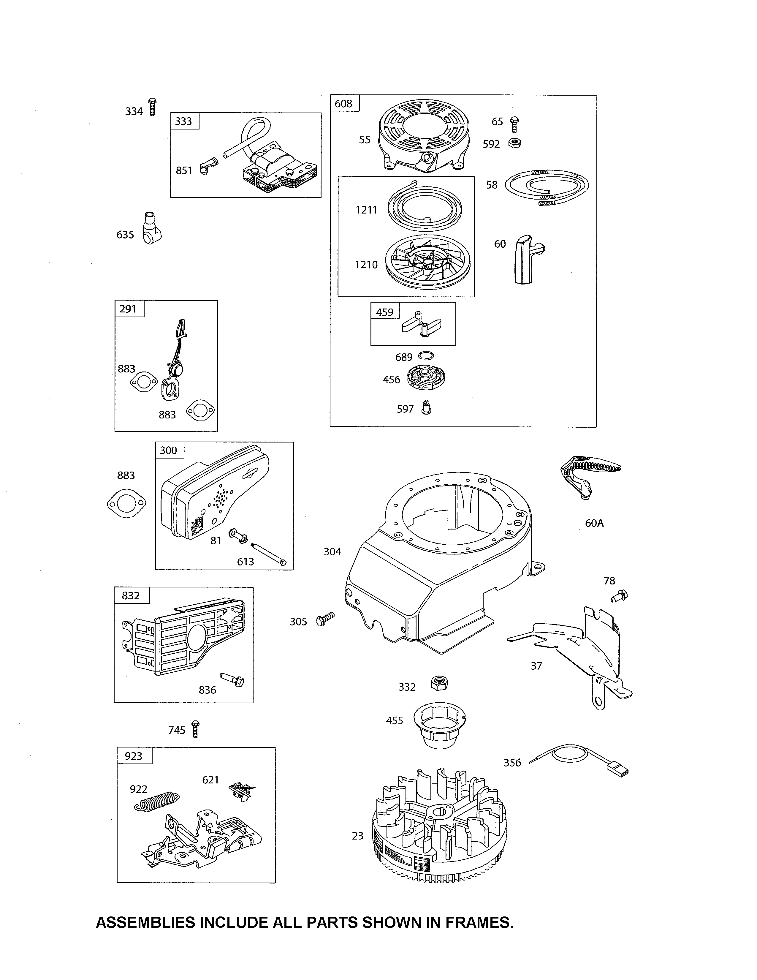 Rewind starter/muffler/flywheel