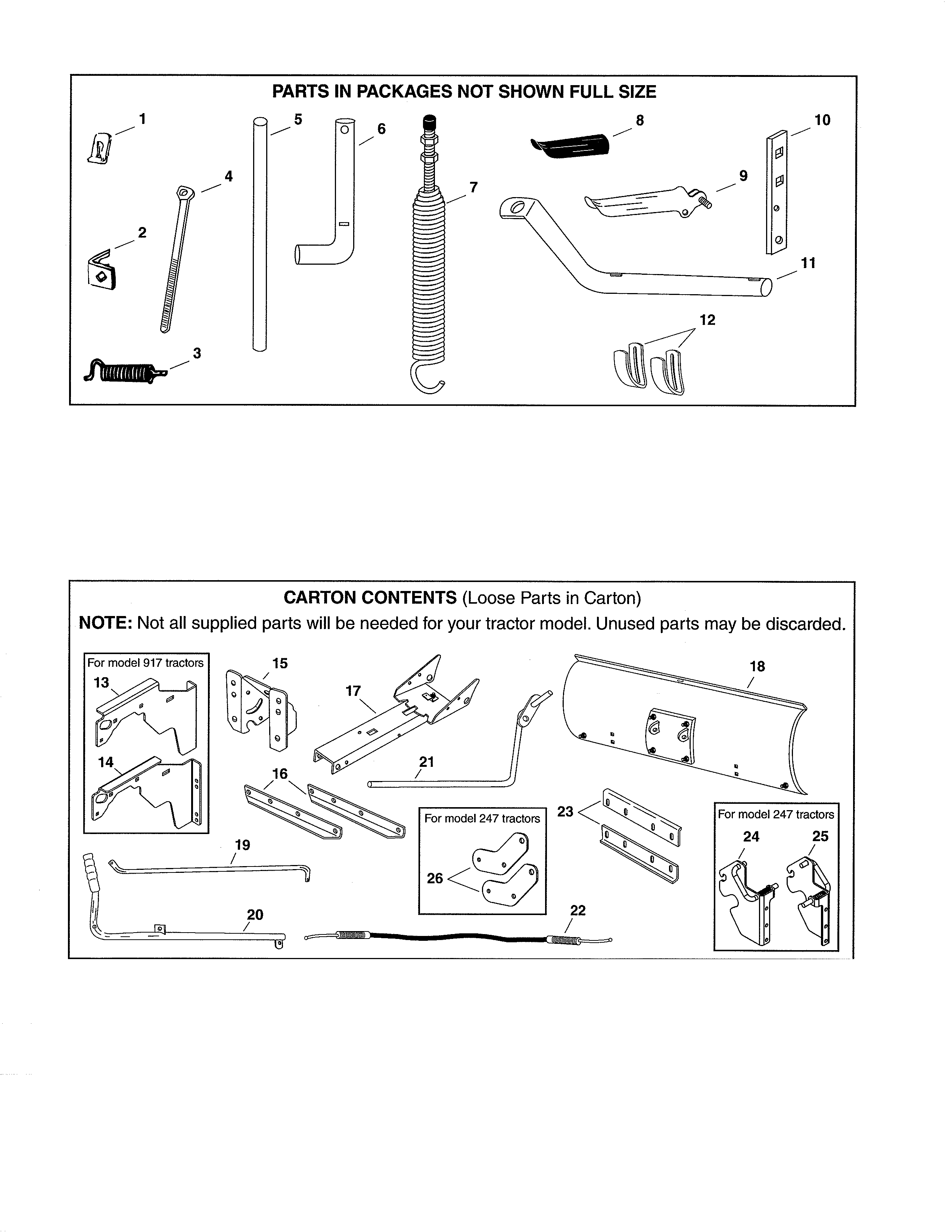 Not shown parts/carton contents