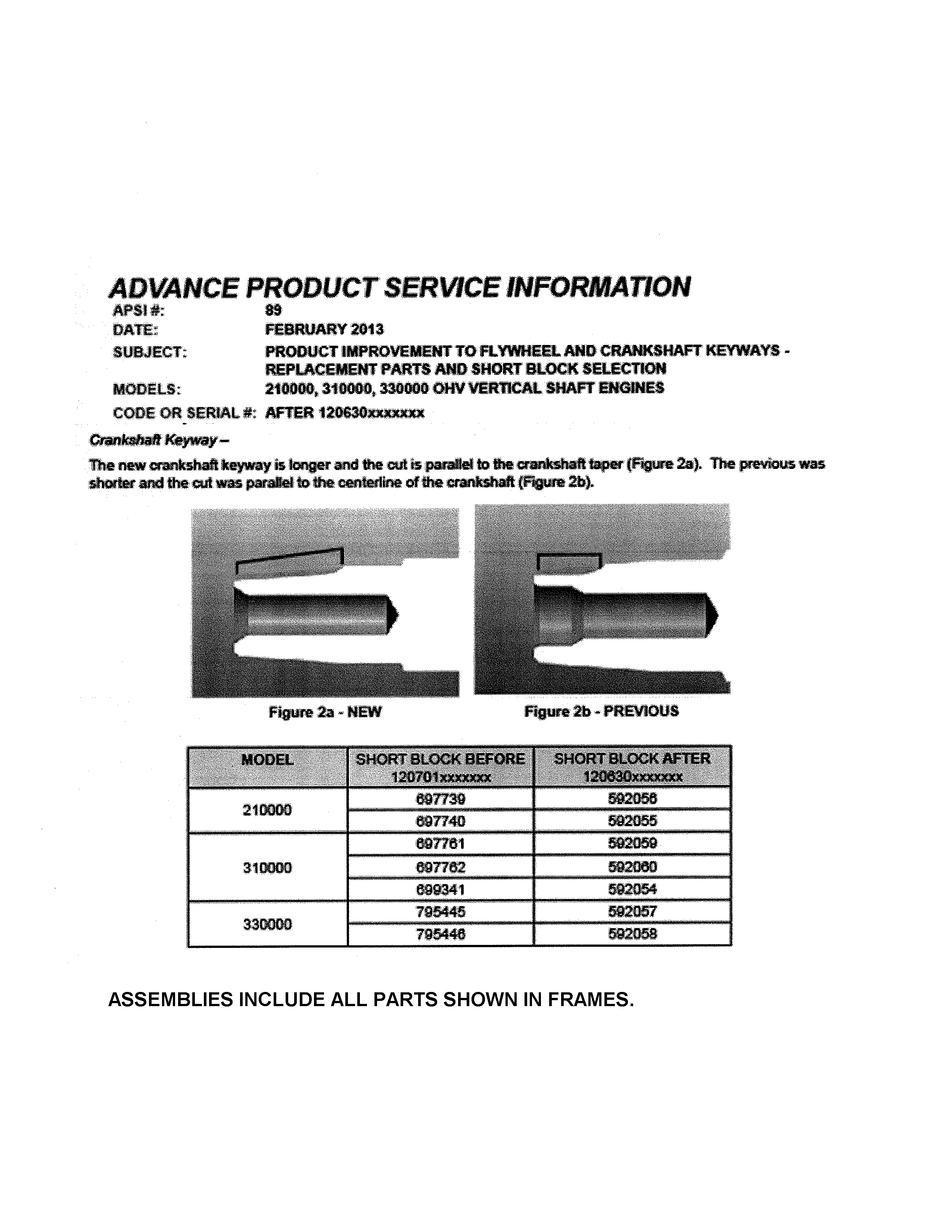 SHORT BLOCK INFO-ADVANCE PRODUCT SERVICE INFO