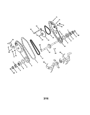 Tines/drive housing/chain