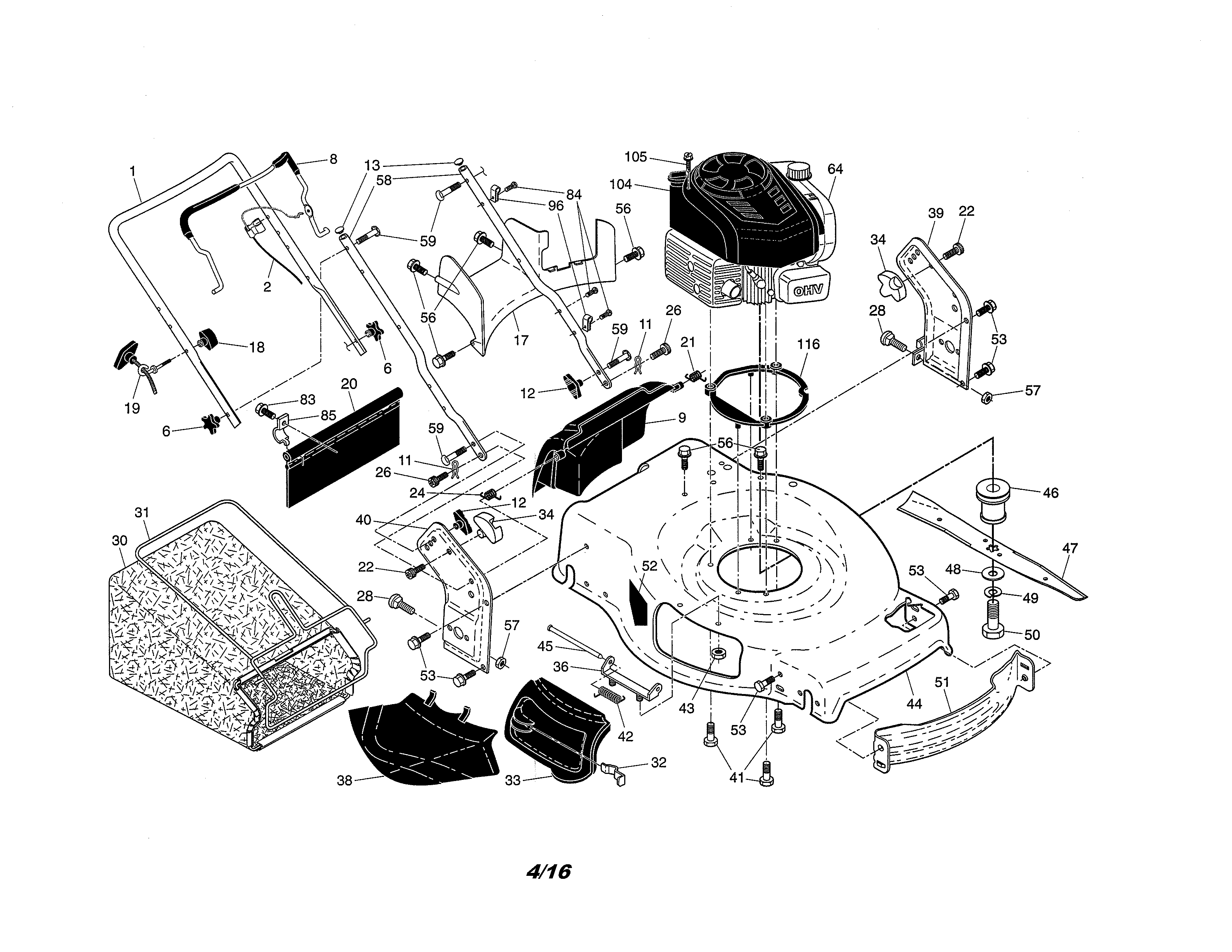 Engine/housing/handle/grassbag