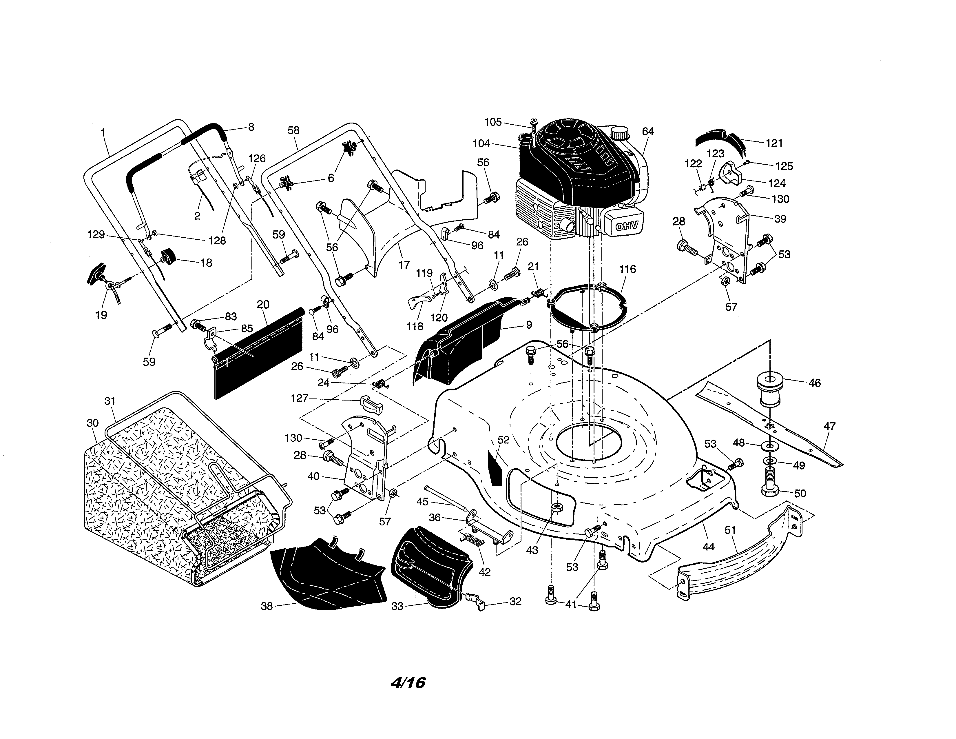 Engine/housing/handle/grassbag