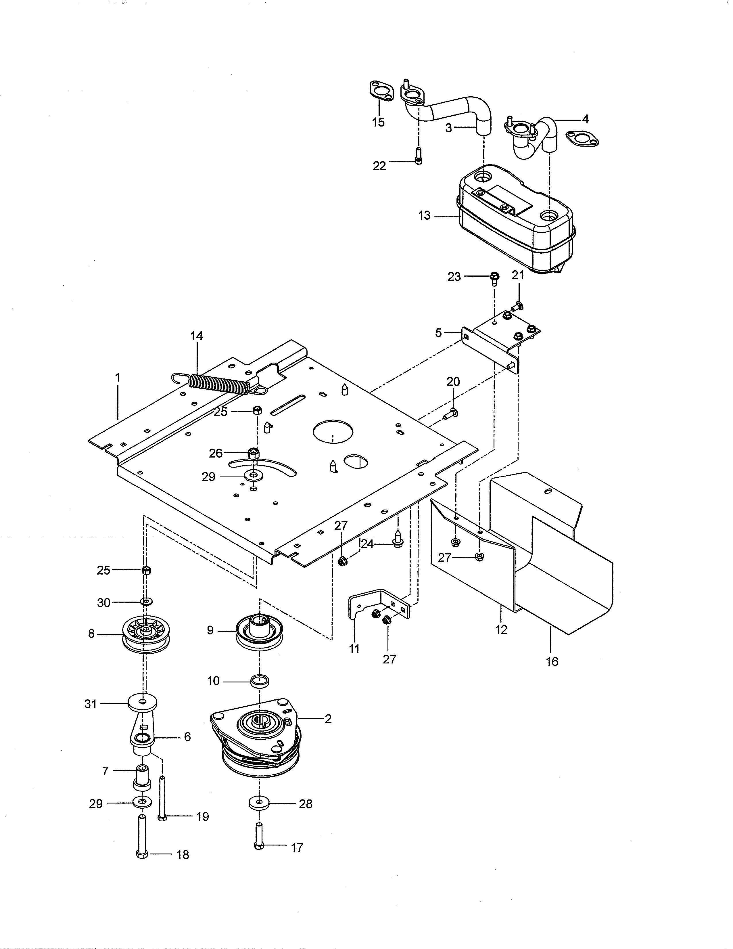 Engine mounting/guard/muffler