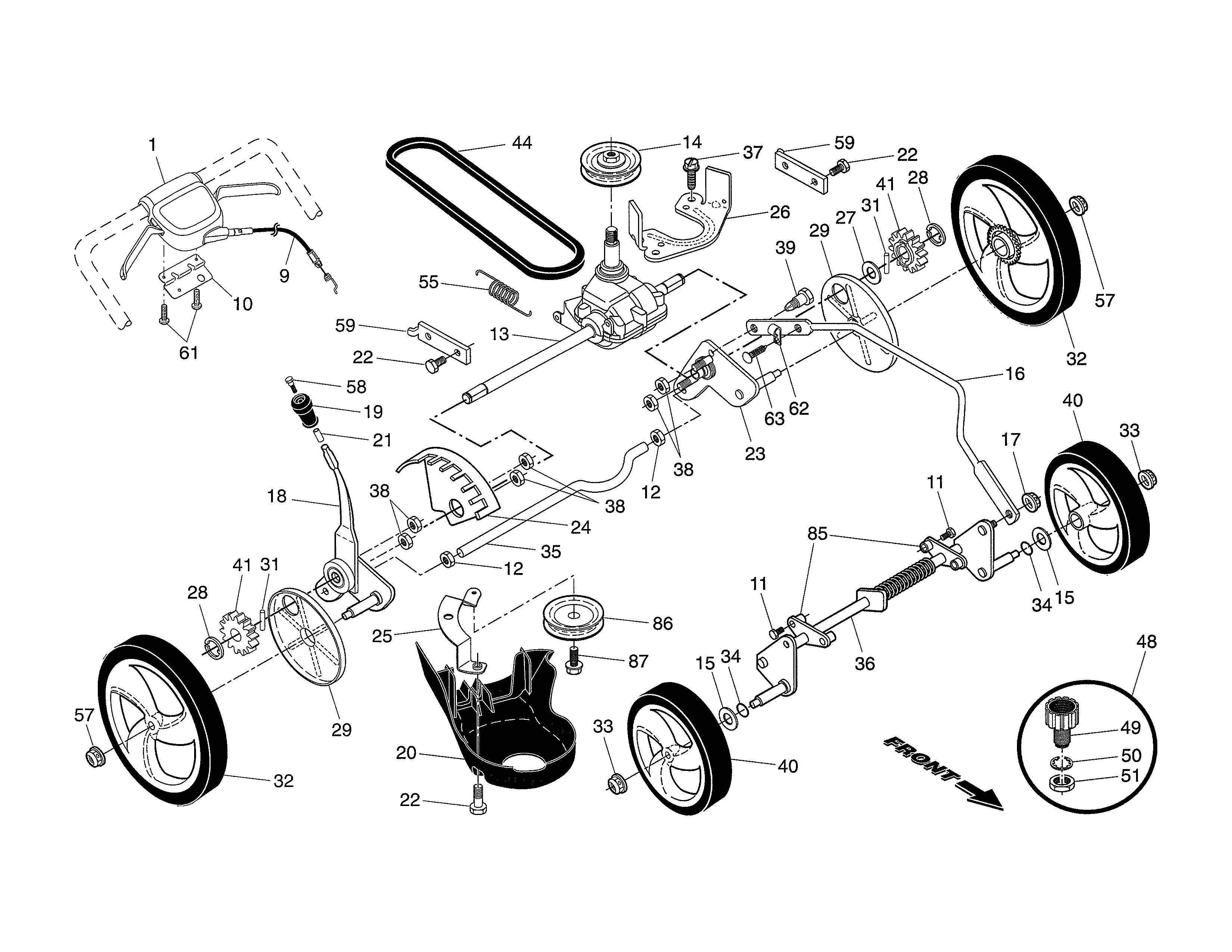 Gear case/drive control/wheels