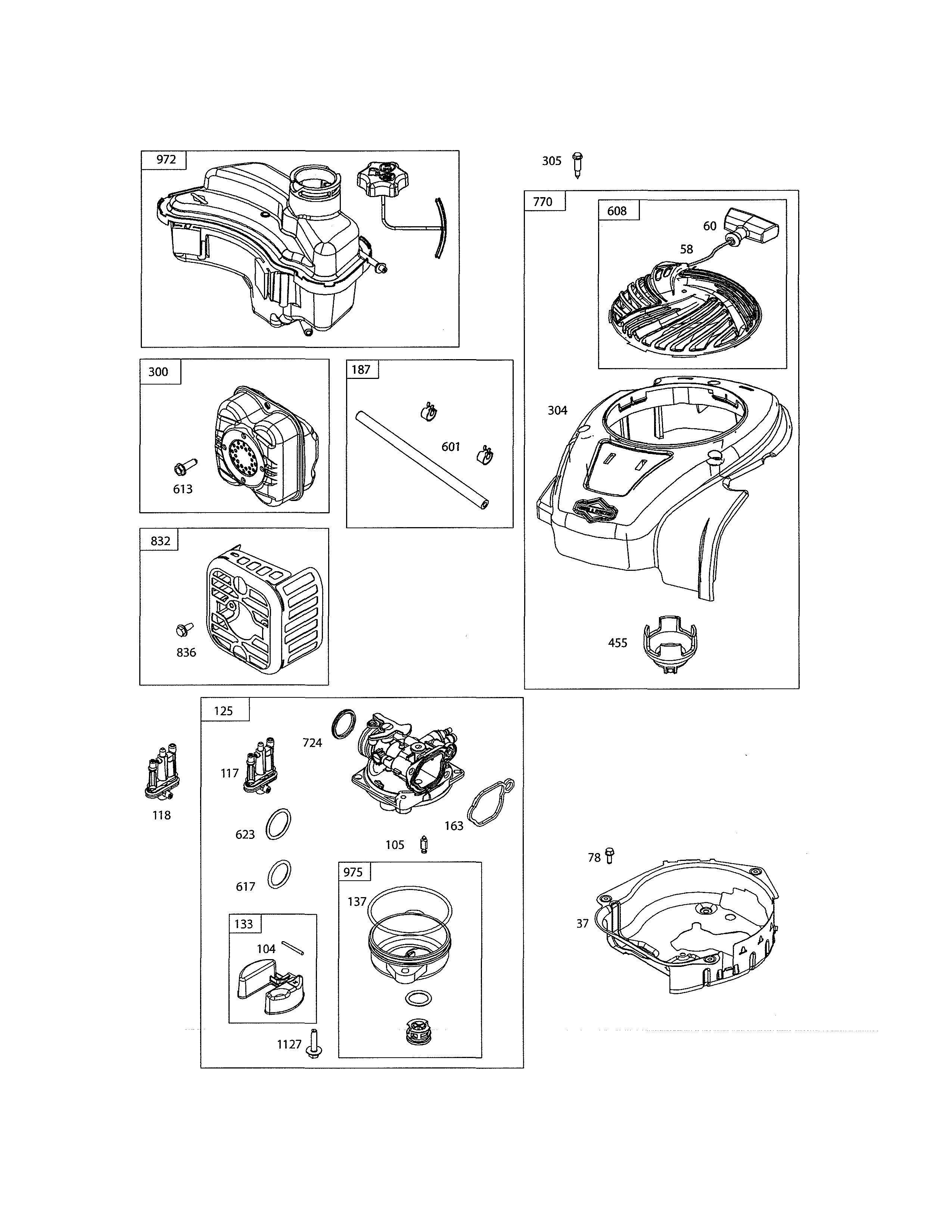 Carburetor/rewind starter/fuel tank