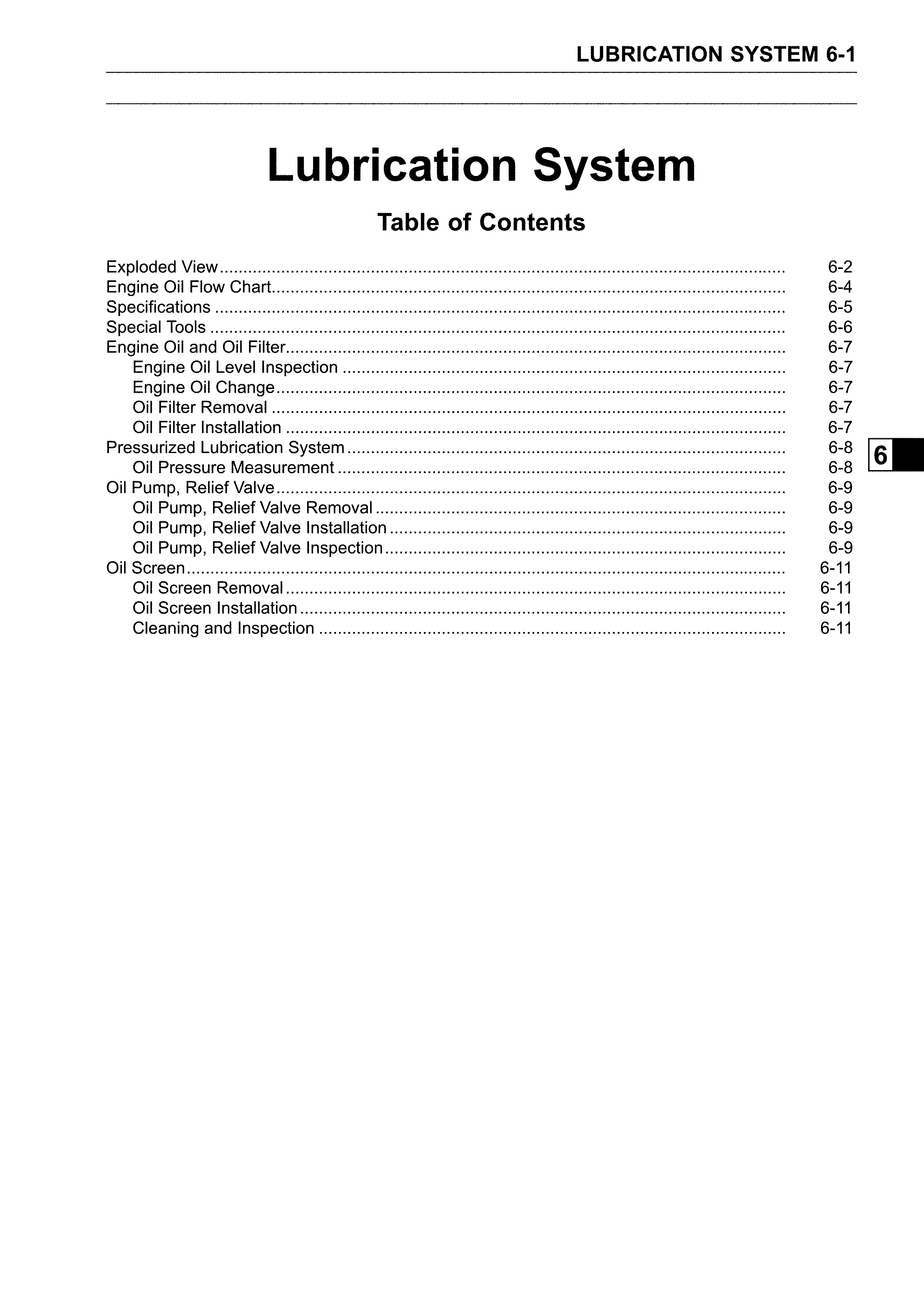 Lubrication system - table of contents
