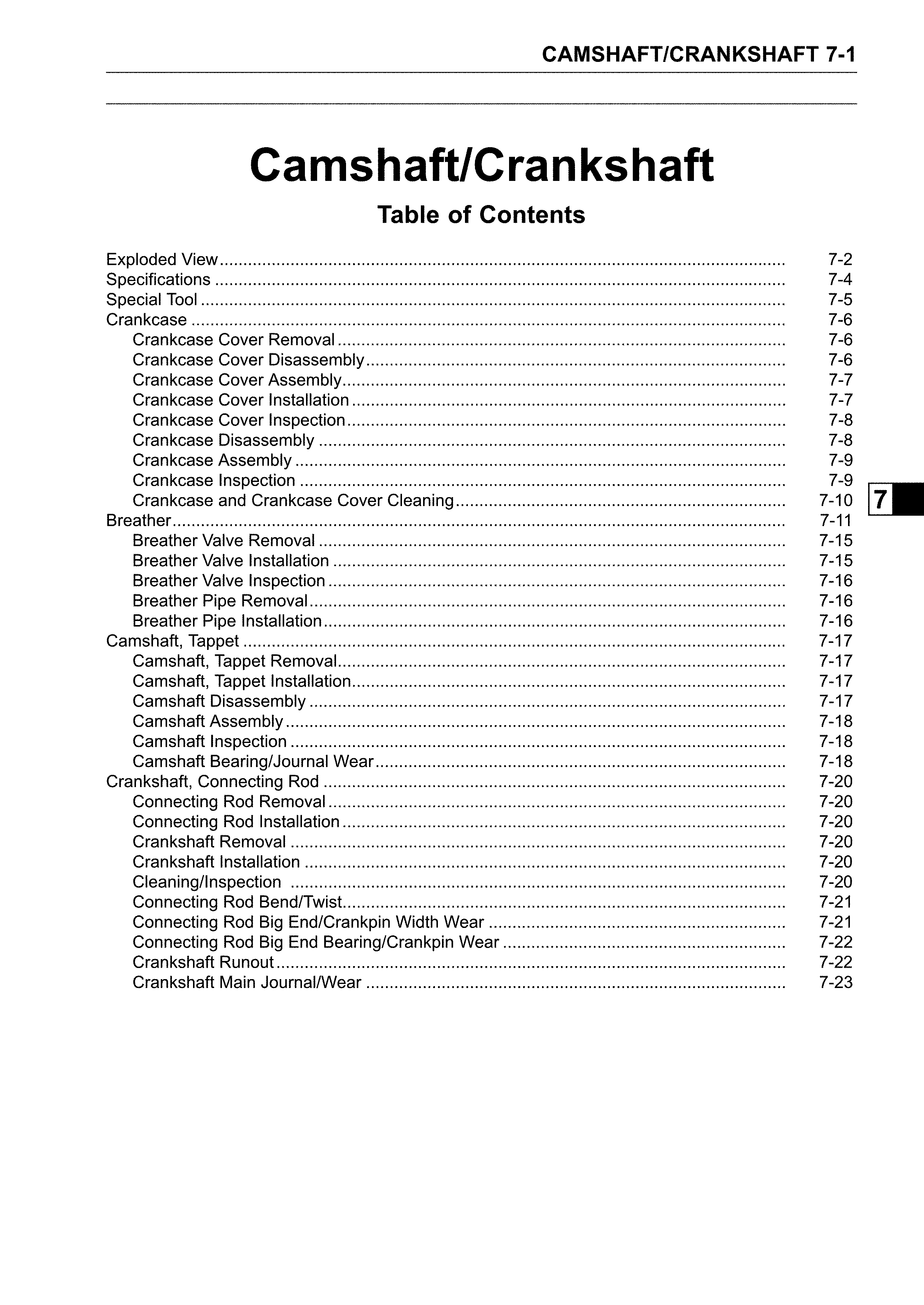 Camshaft/crankshaft - table of contents