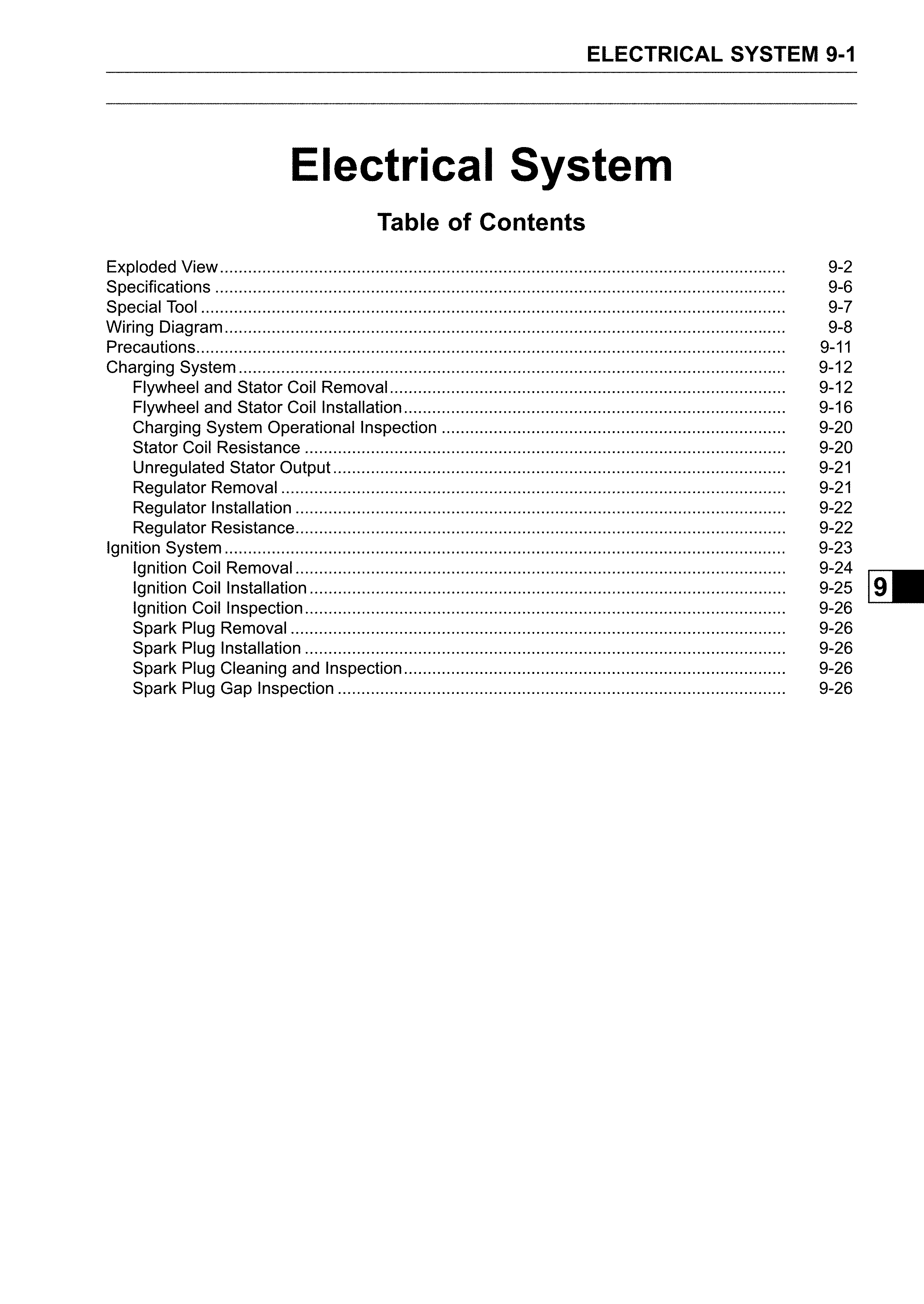 Electrical system - table of contents