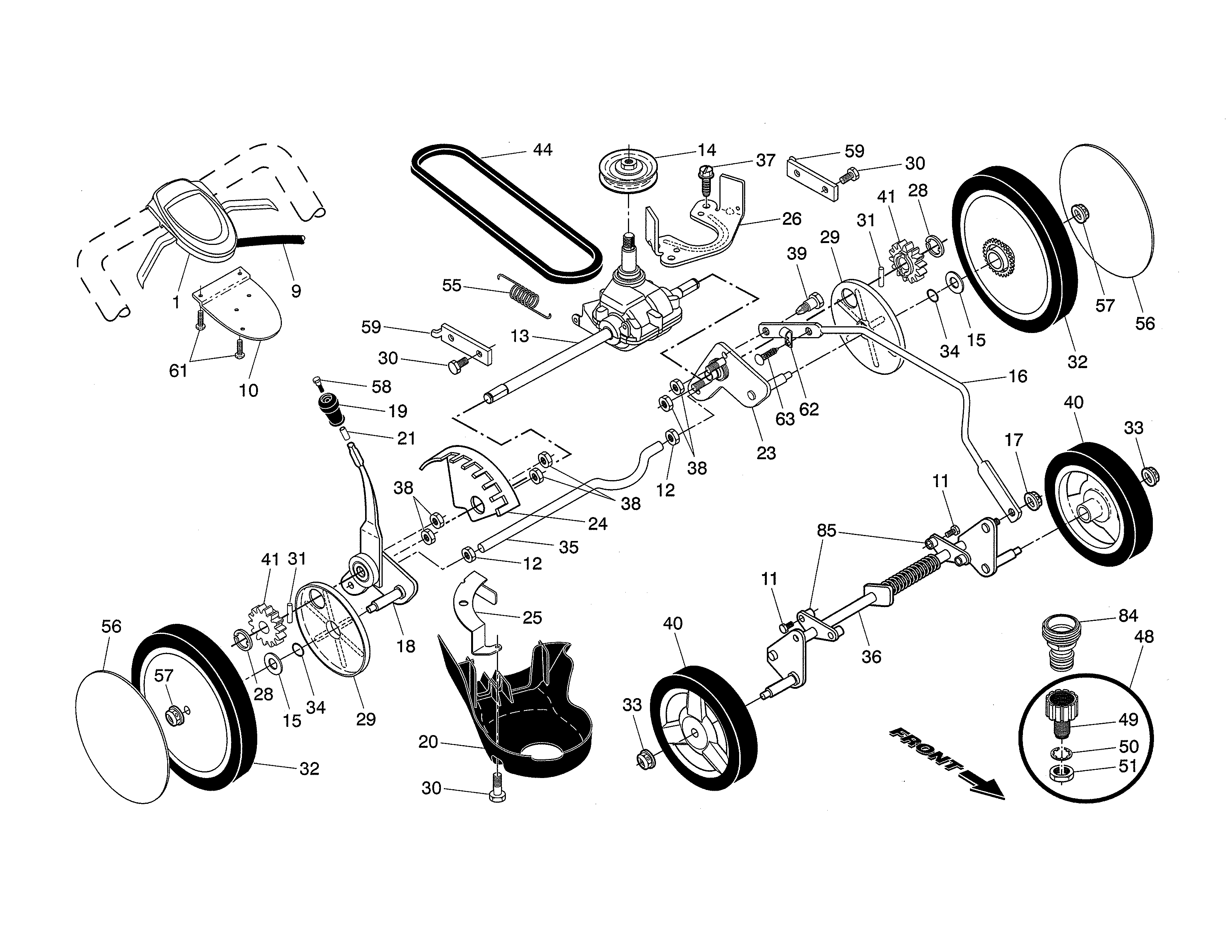Gear case/drive control/wheels
