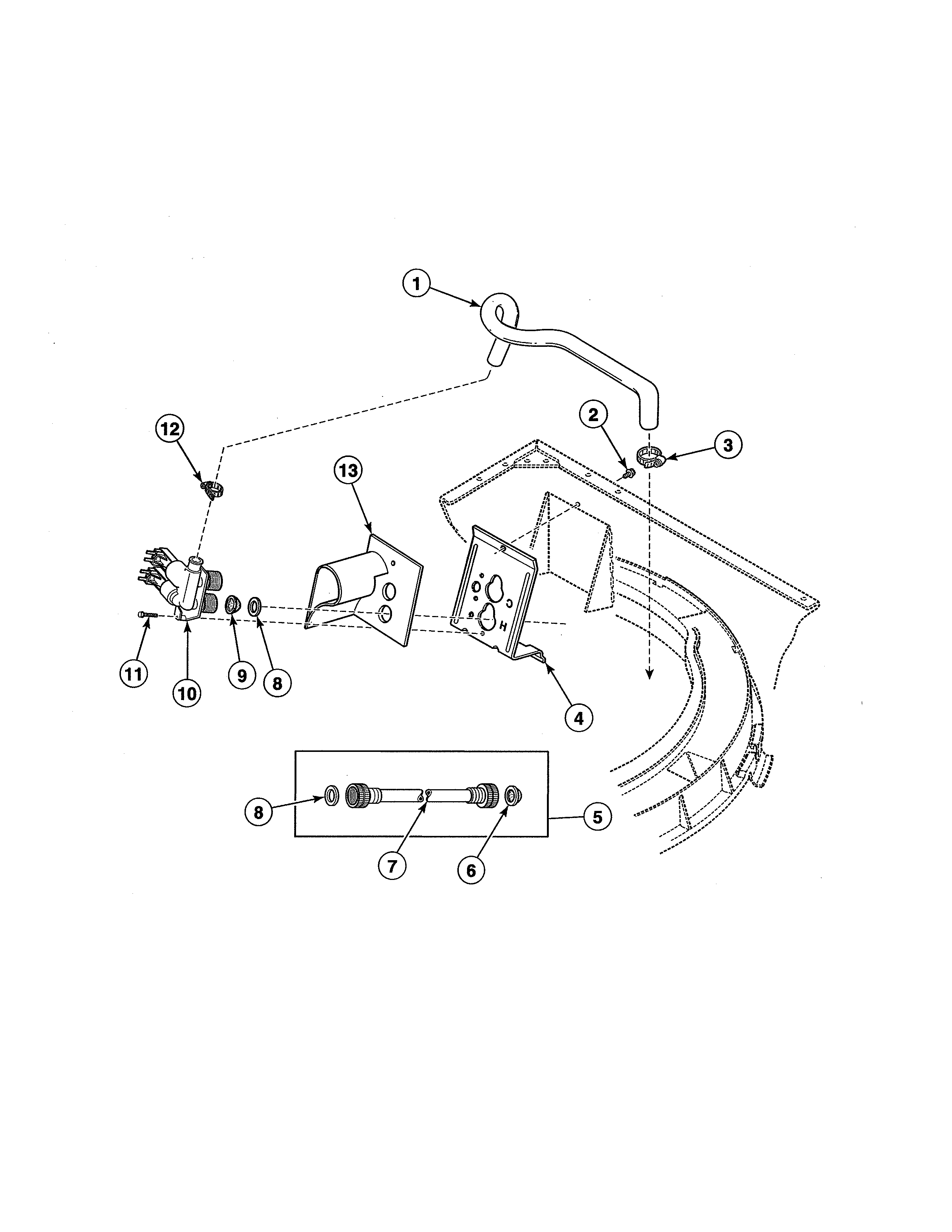 Fill hose/mixing valve to tub cover hose/mixing valve/bracket