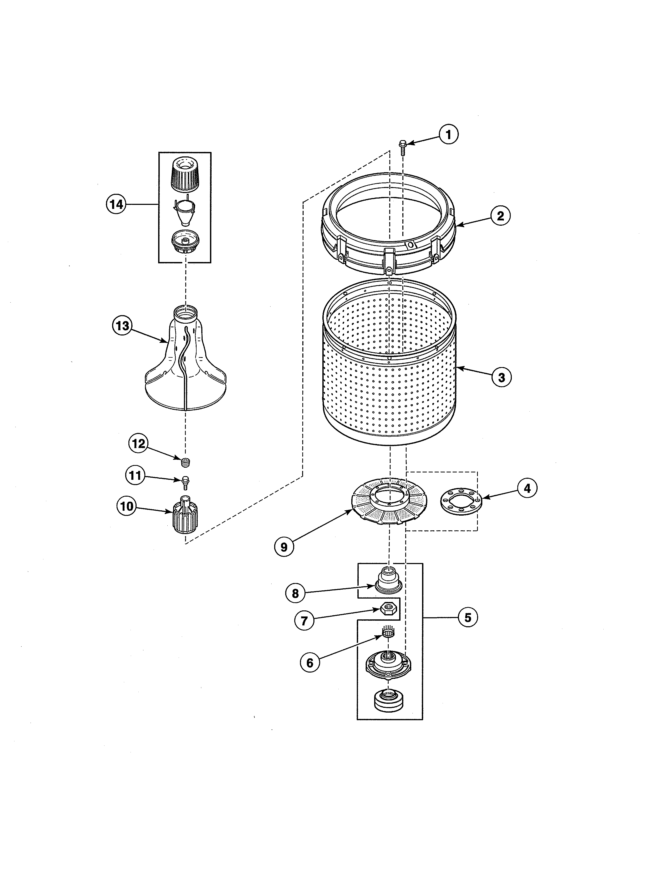 Agitator/fabric softener dispenser/drive bell/hub/washtub