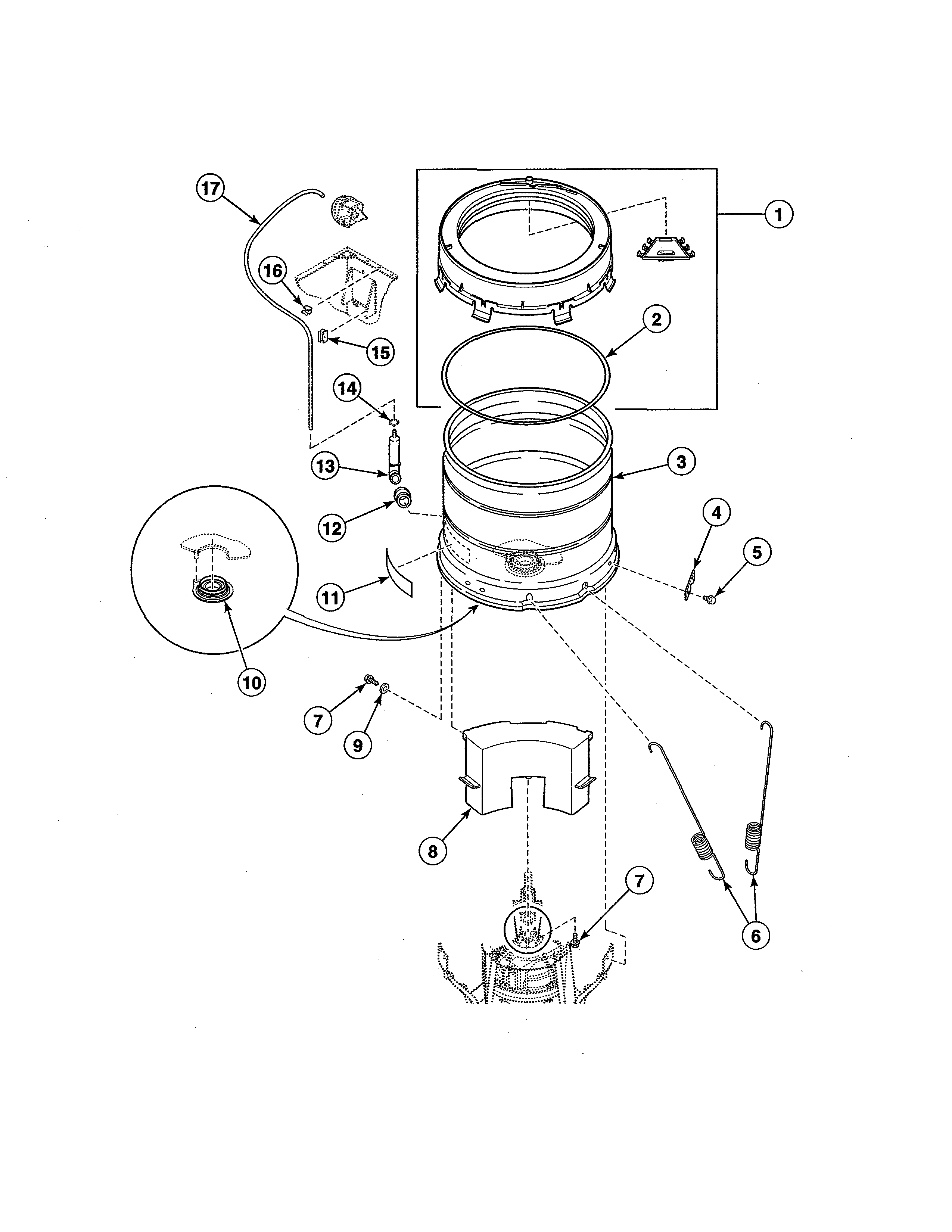 Outer tub/cover/bearing/seal housing/pressure hose