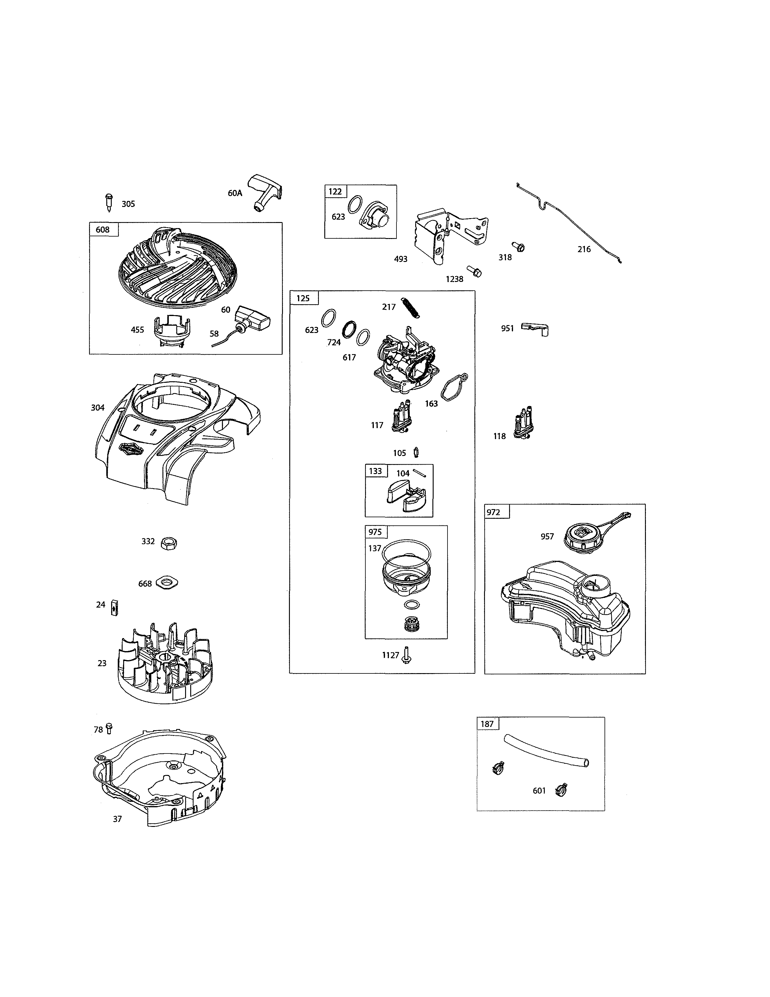 Carburetor/fuel tank/rewind starter
